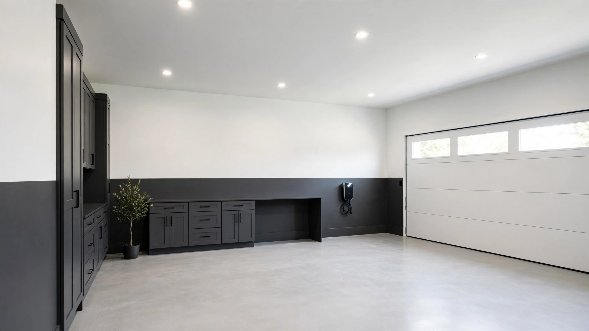 Garage walls painted two-tone with a dark lower band and crisp light upper walls