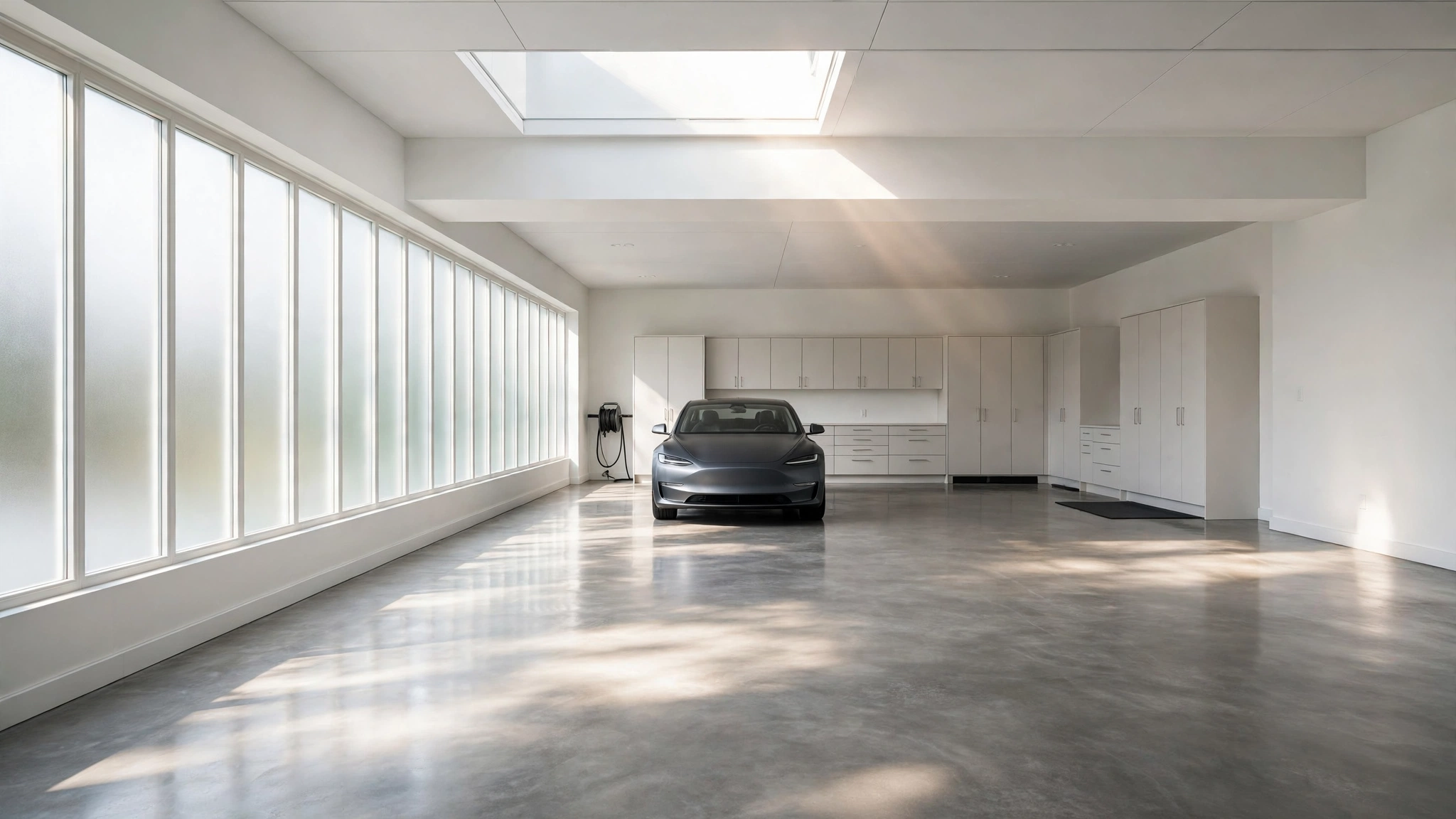 Bright garage interior with added windows and a skylight over the workspace