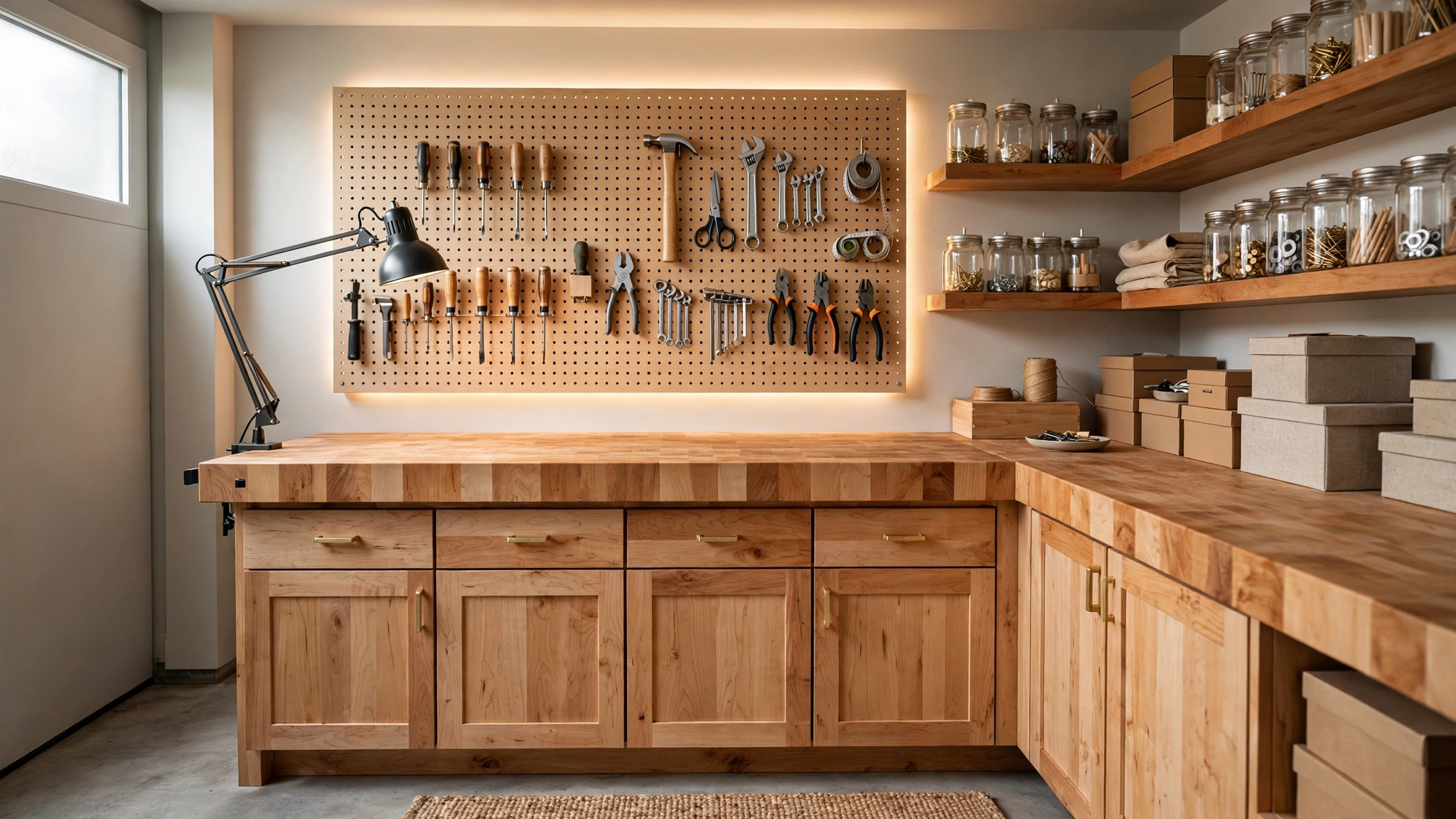 Studio-like garage workshop corner with a workbench and organised pegboard