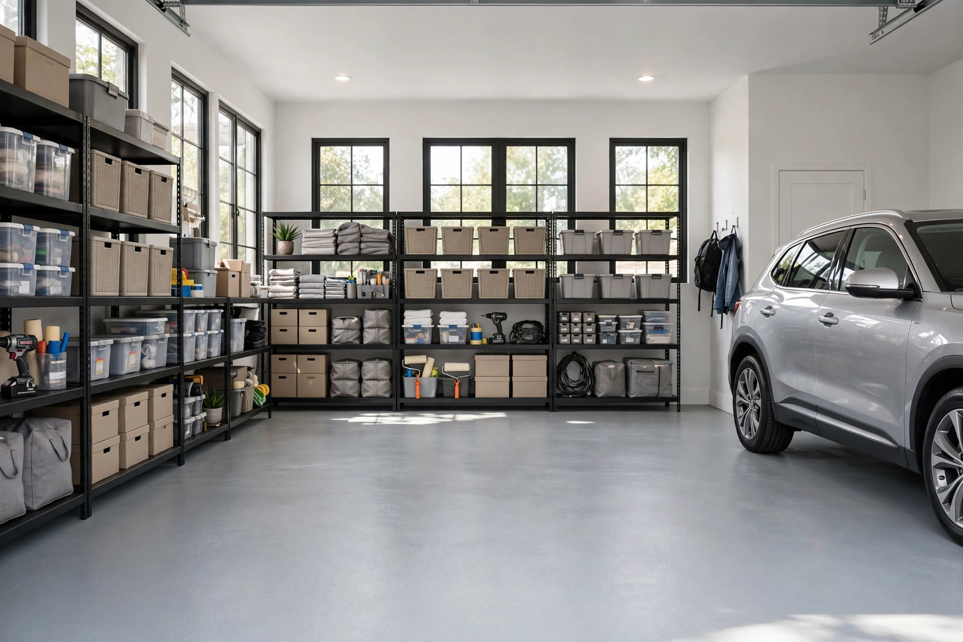 Garage with a freshly painted light grey concrete floor and neatly organised shelves