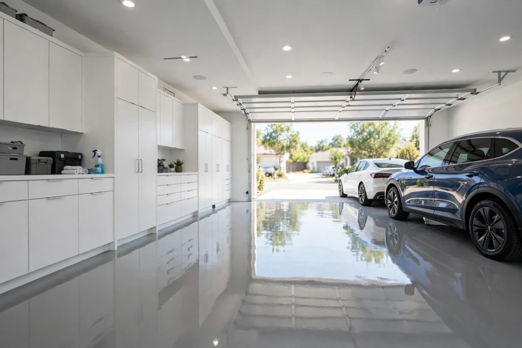 Bright modern garage with a glossy light-grey epoxy floor, two parked cars and white storage cabinets
