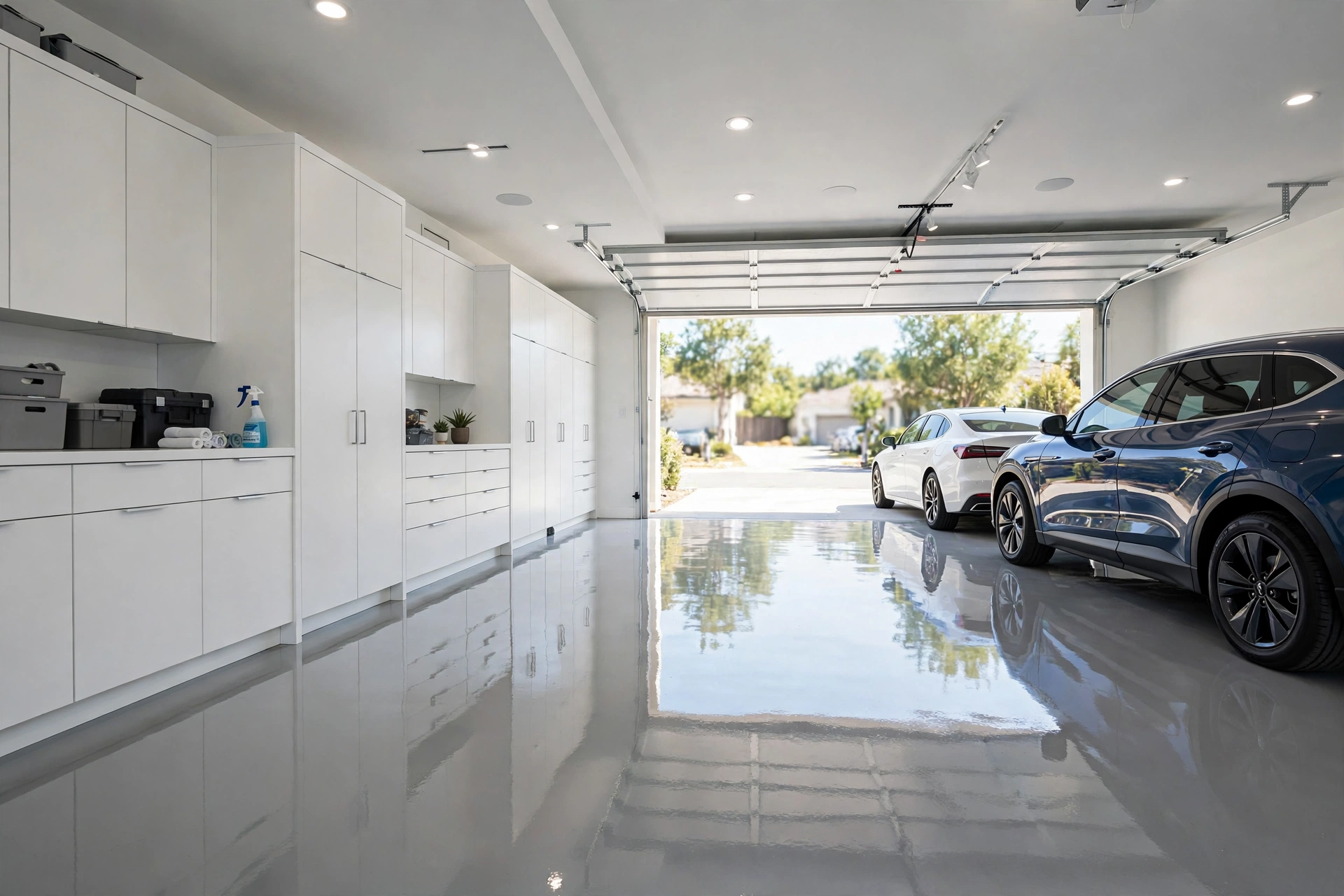 Bright modern garage with a glossy light-grey epoxy floor, two parked cars and white storage cabinets