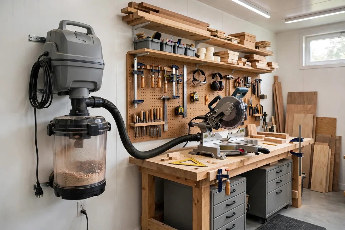 Wall-mounted shop vacuum with cyclone separator connected to a miter saw station for dust collection