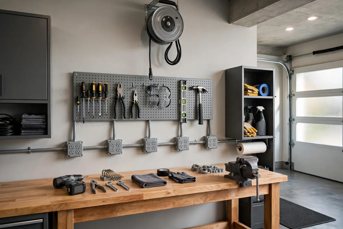Power outlet boxes at workbench height with overhead cord reel in a garage workshop