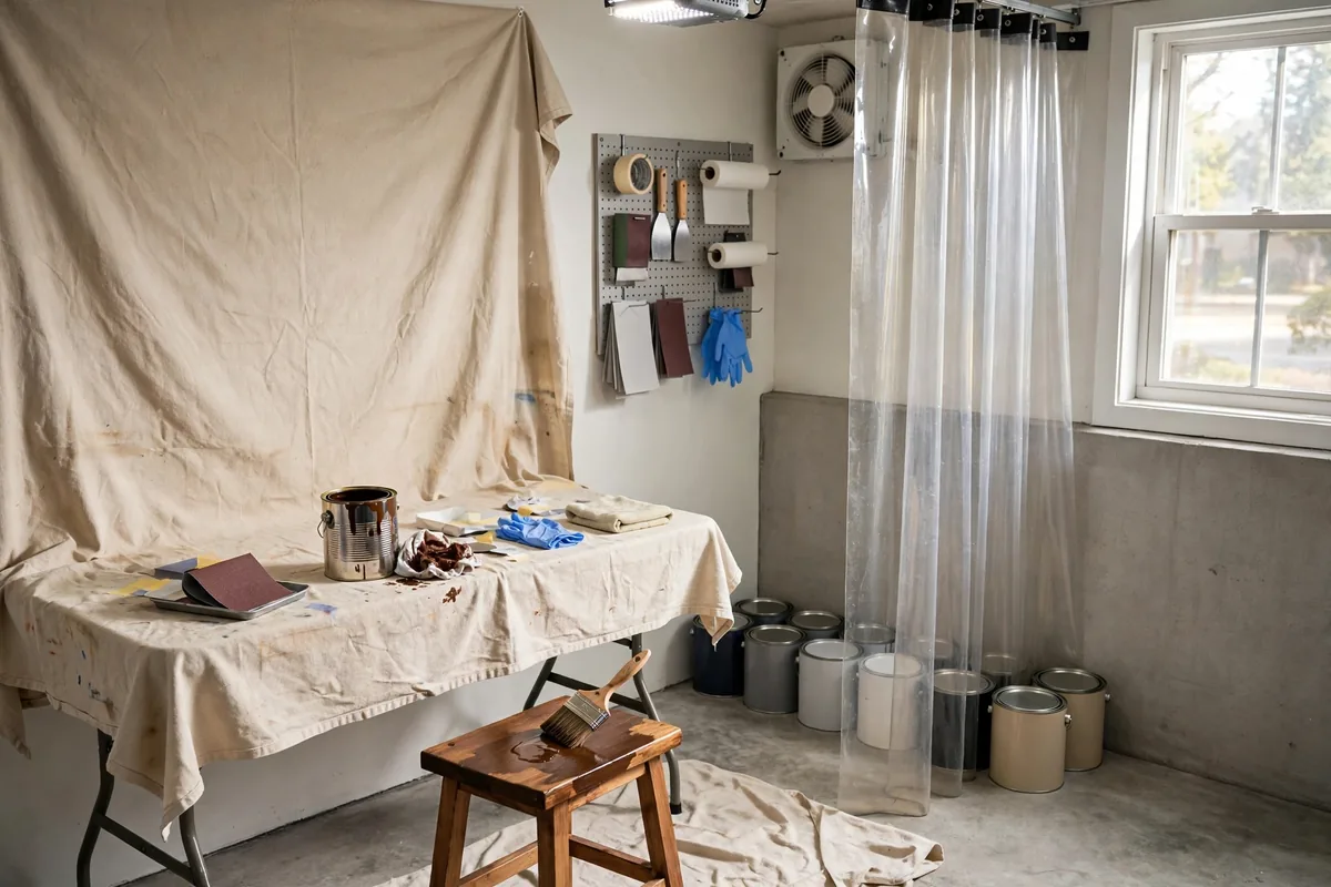 Painting and finishing zone in a garage corner with folding table, drop cloths, and exhaust fan