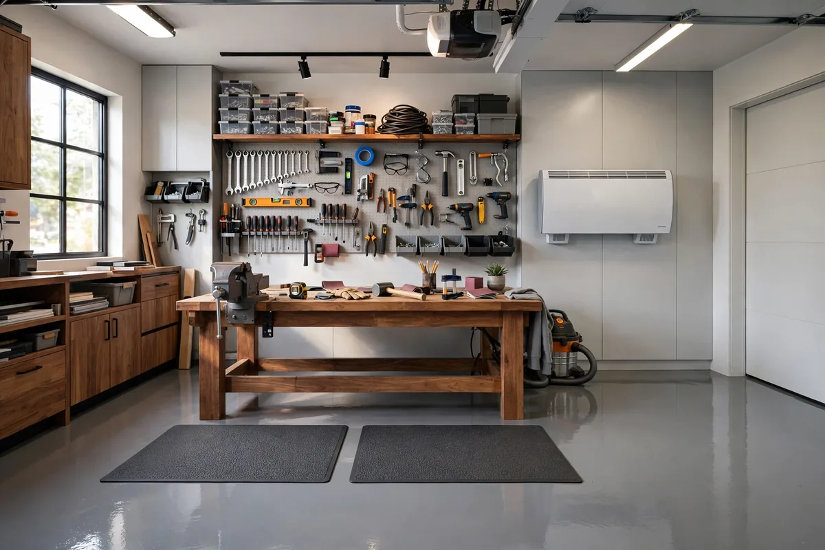 Glossy gray epoxy garage floor with anti-fatigue mats and wall-mounted heater in a workshop