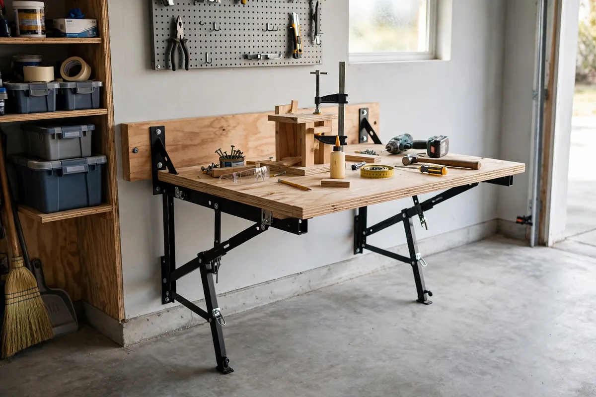 Space-saving fold-down workbench mounted on a garage wall for small workshops