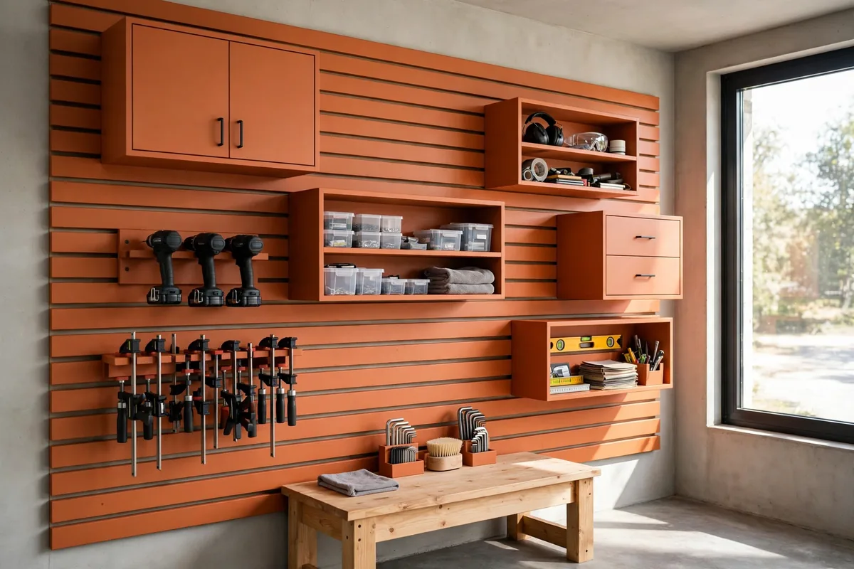 Modular French cleat wall with movable shelves, drill holders, and clamp racks in a garage workshop