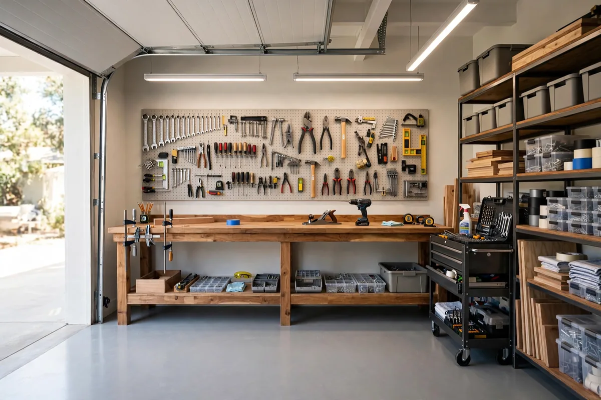 Bright, organized dream garage workshop with wooden workbench, pegboard tool wall, and LED shop lighting