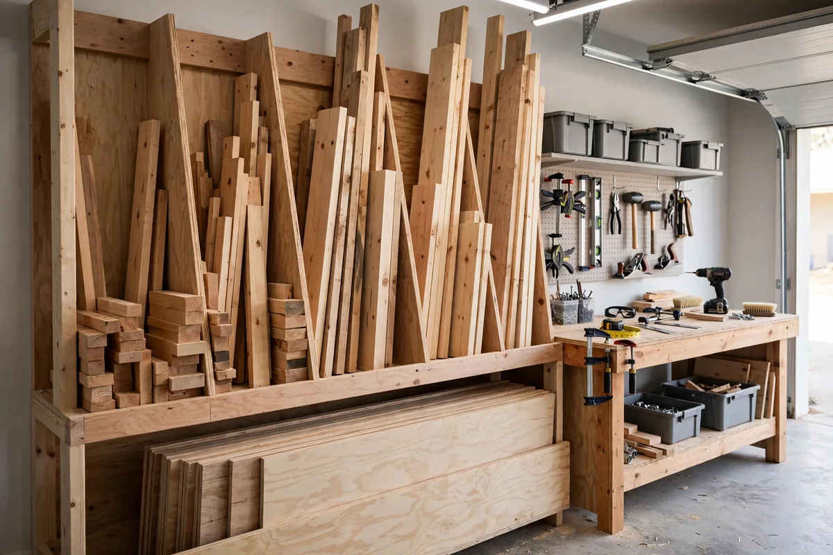 Vertical lumber rack with angled dividers and sheet-goods slot in a garage workshop