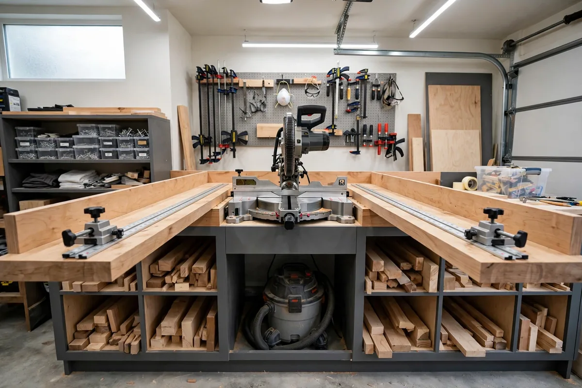 Dedicated miter saw station with support wings, stop blocks, and under-bench cubbies in a garage workshop