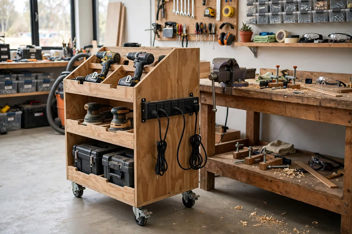 Mobile tool cart on locking casters with labeled power-tool slots beside a workbench