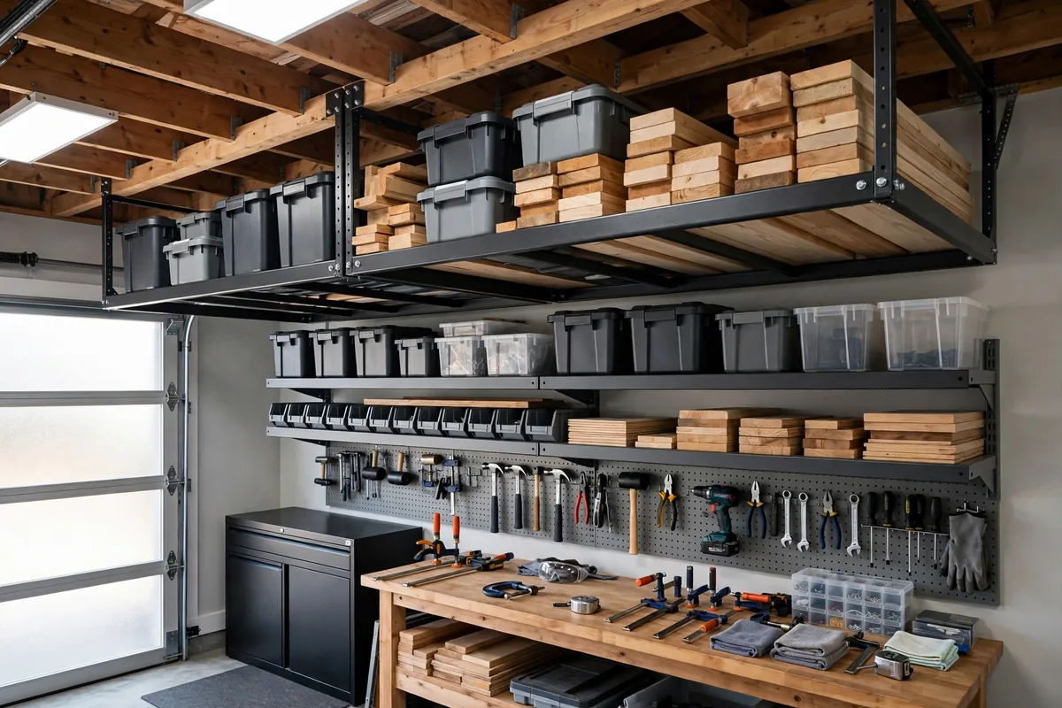 Overhead ceiling storage racks between joists holding bins and lumber above a garage workshop