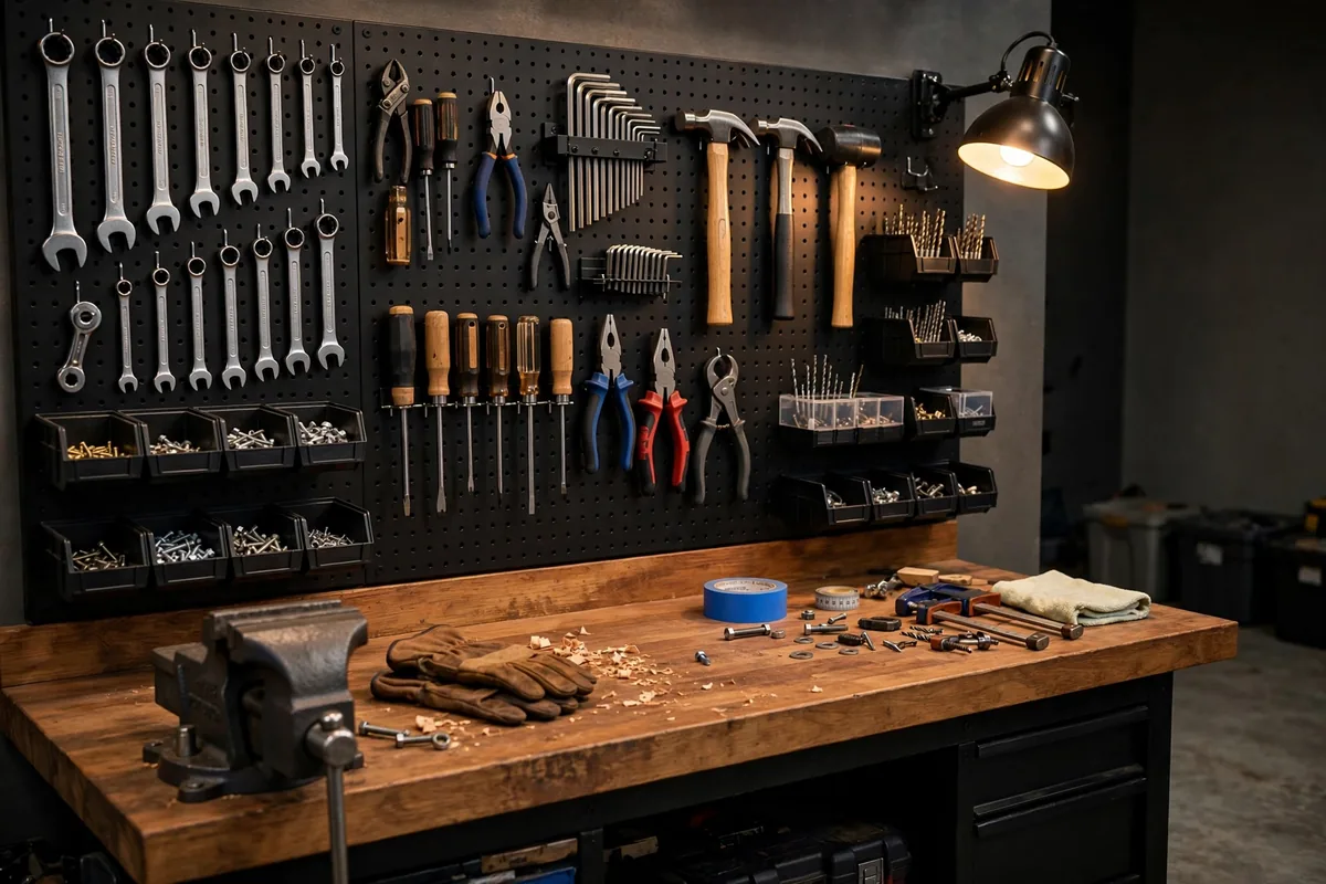 Pegboard tool wall with neatly outlined hand tools and bins above a garage workbench