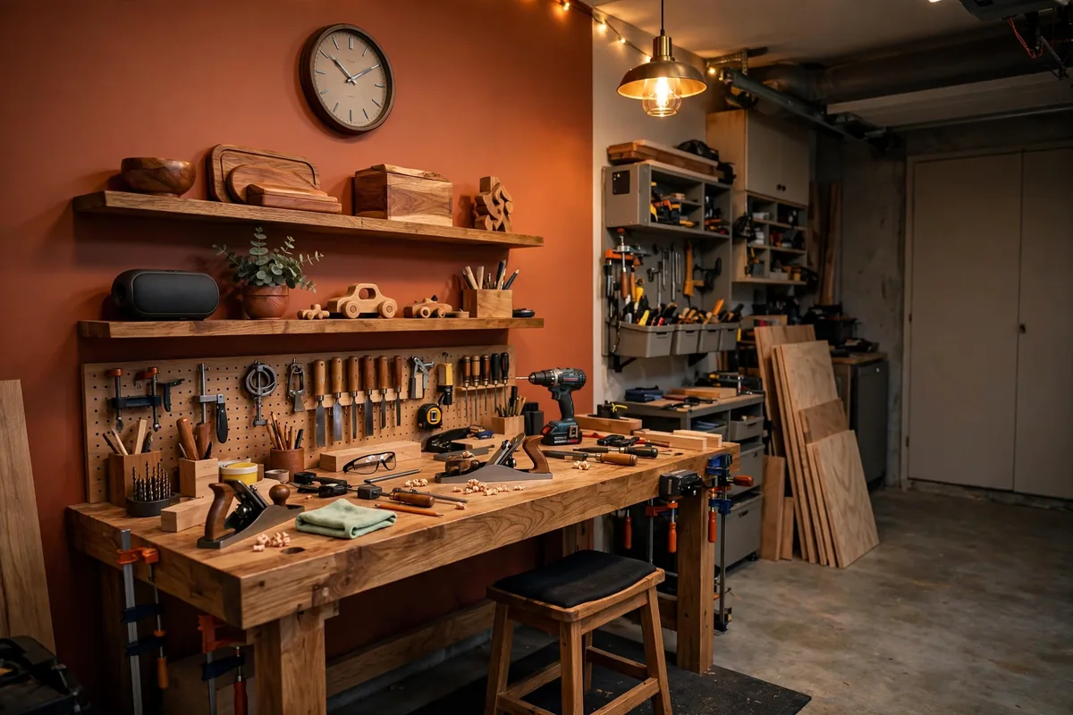 Personalized maker-space garage workshop with accent wall, project shelf, and cozy lighting