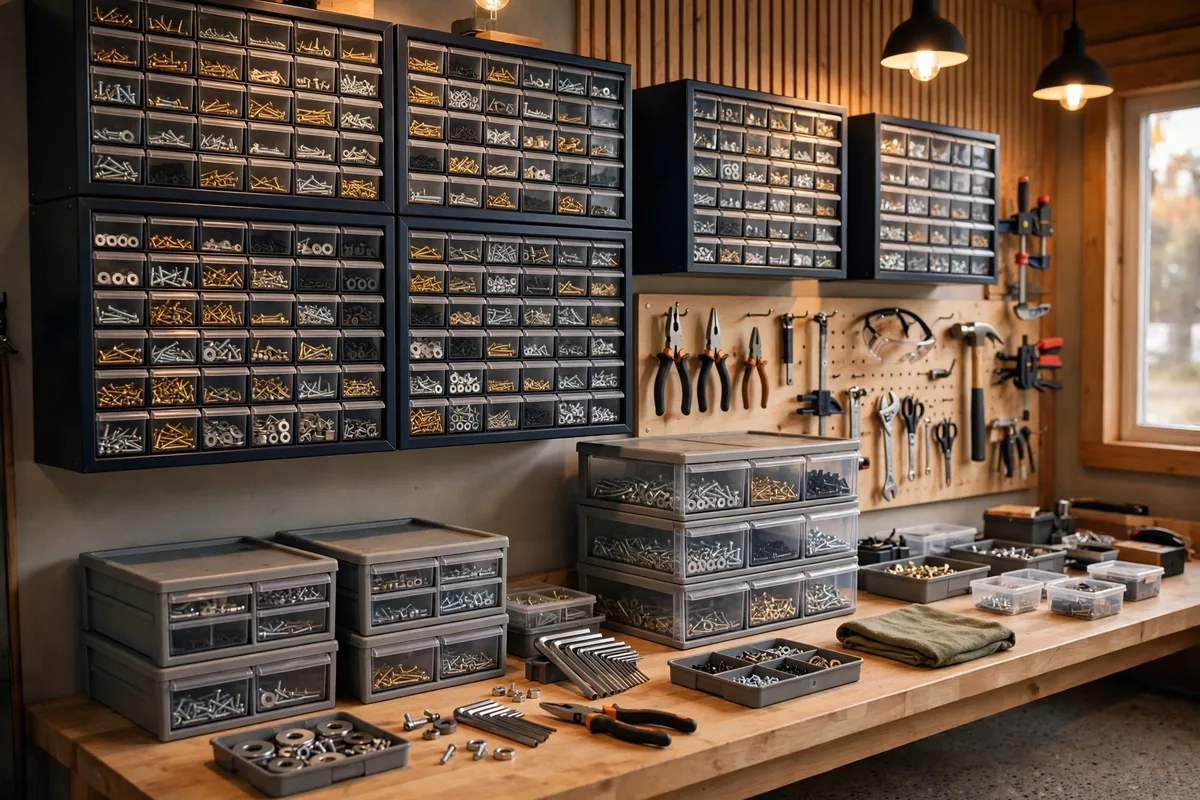 Wall-mounted small parts cabinets and labeled bins for screws and fasteners in a workshop