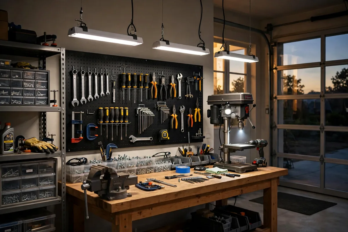 LED shop lights and task lighting giving bright shadow-free light over a garage workbench