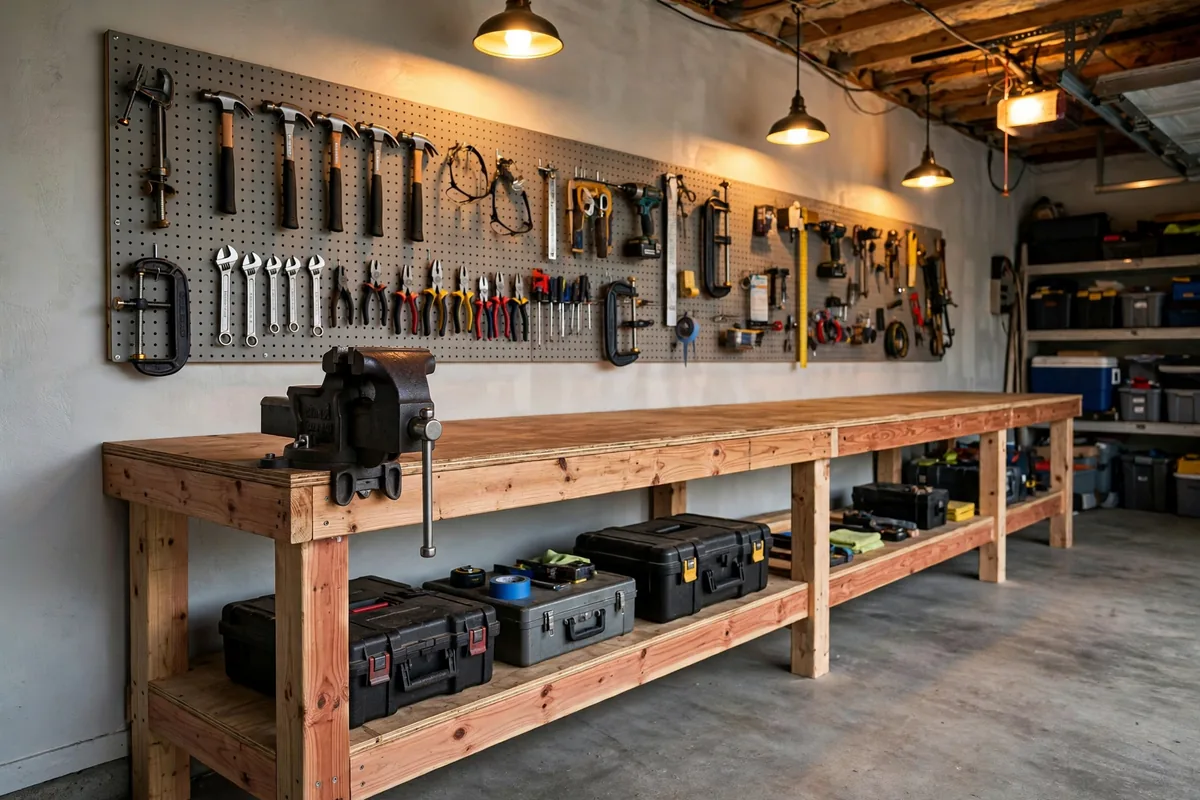 Sturdy wall-to-wall wooden workbench with front vise and tool storage shelf in a garage workshop