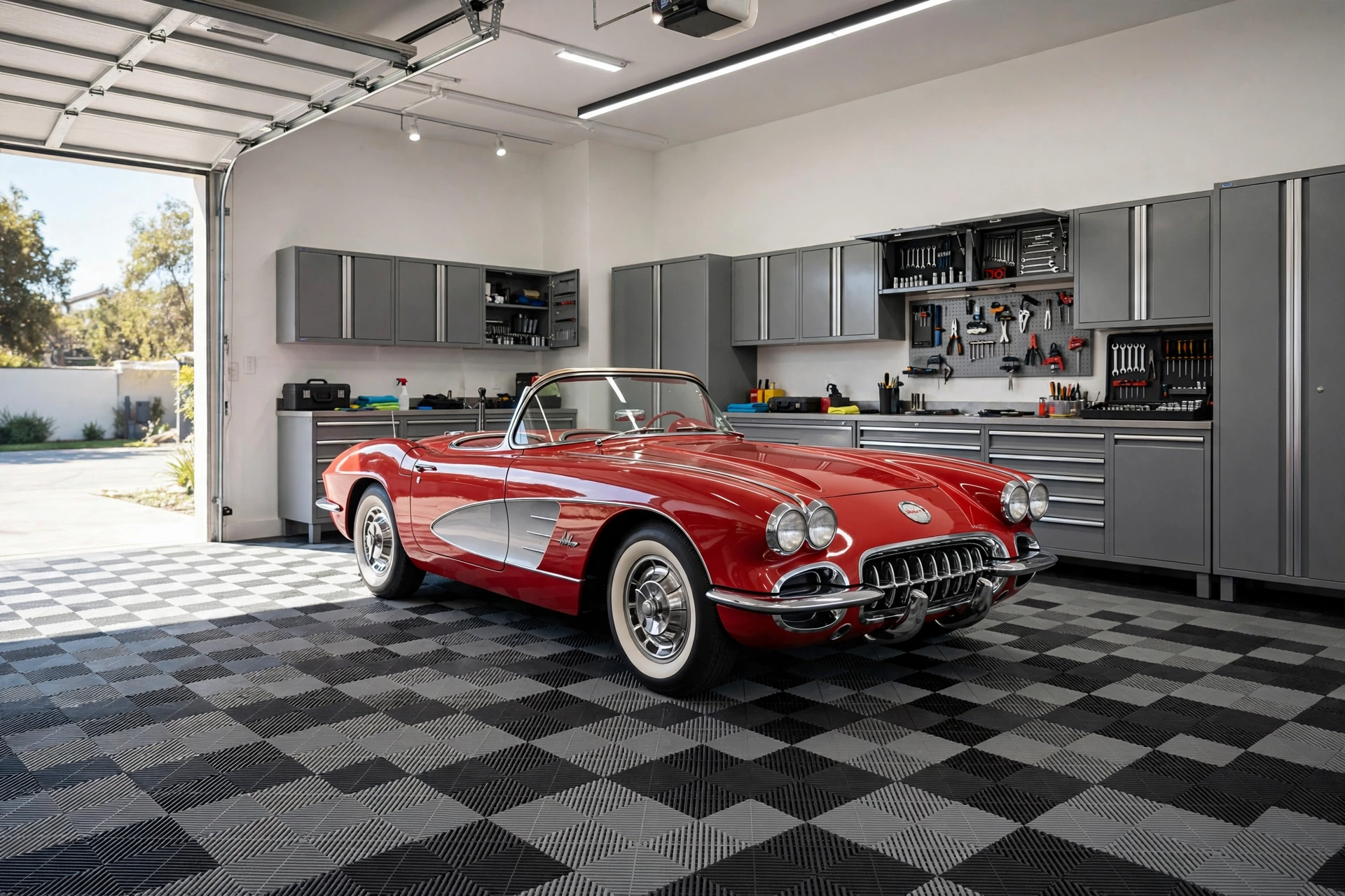 Garage with black and grey checkerboard interlocking PVC floor tiles and a red classic car