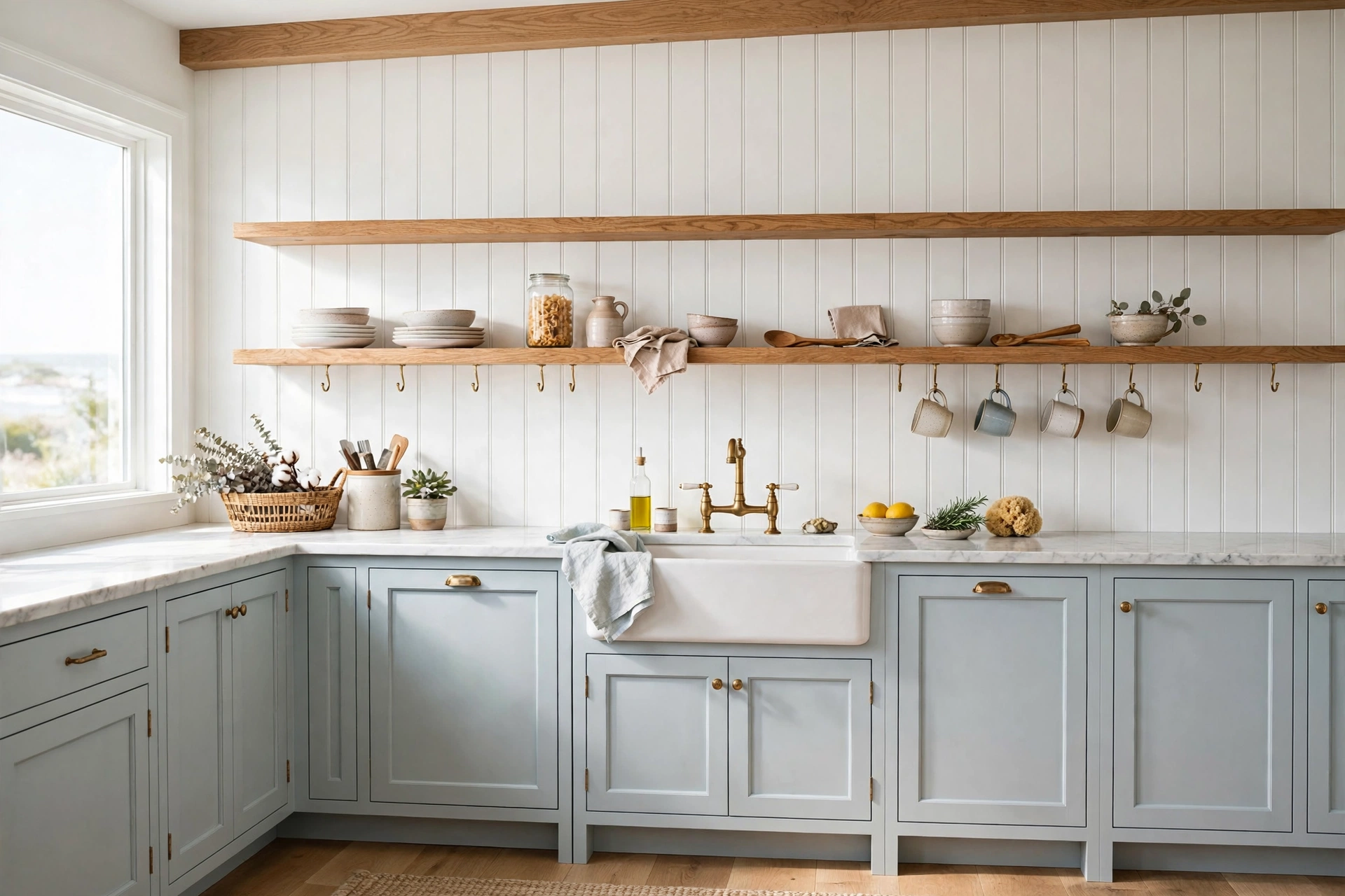 Coastal farmhouse kitchen with white painted beadboard backsplash beneath open oak shelves and pale blue-grey shaker cabinets