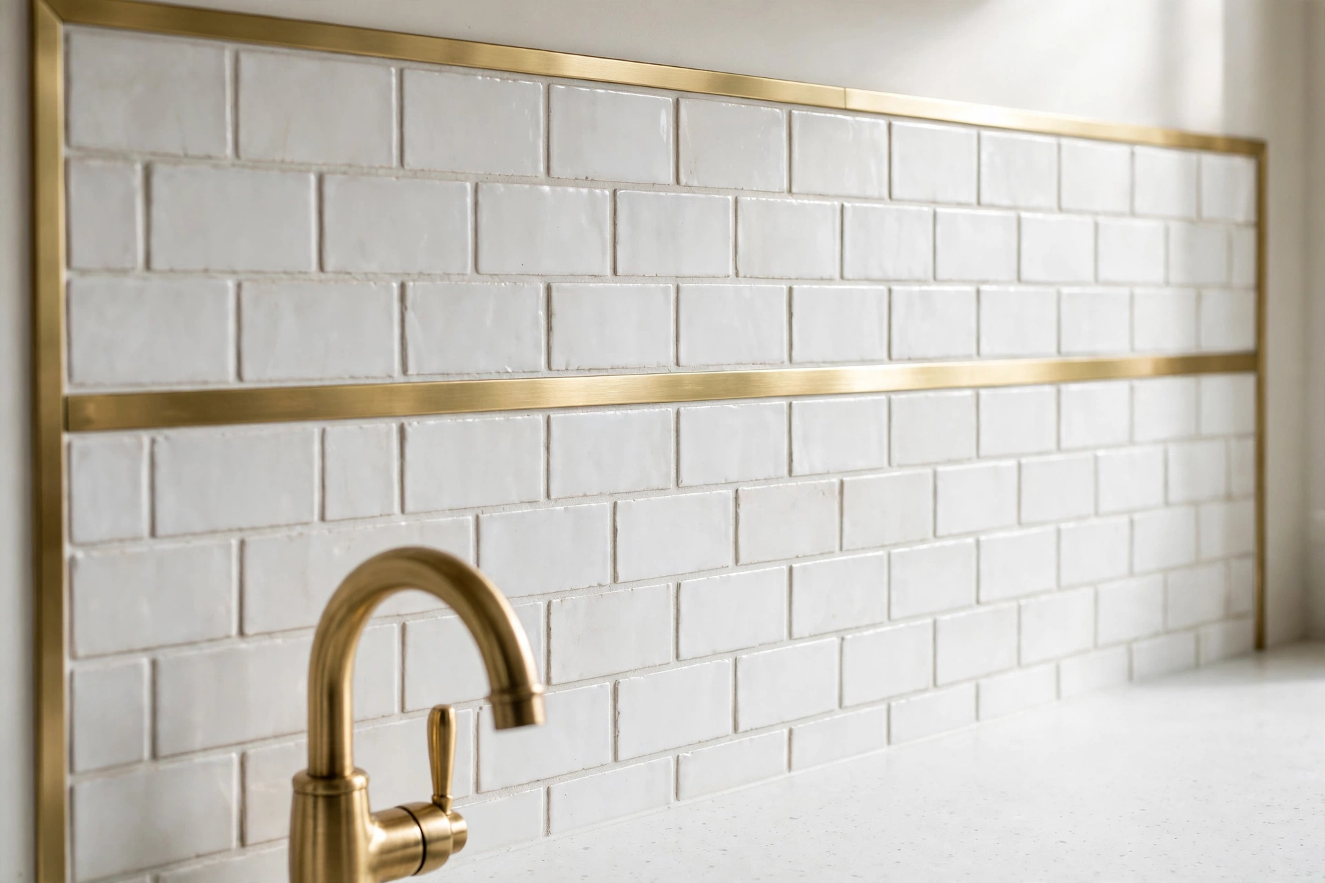 Close view of an elegant kitchen backsplash of plain white tiles with a single horizontal brushed brass inlay strip and brass range-wall border