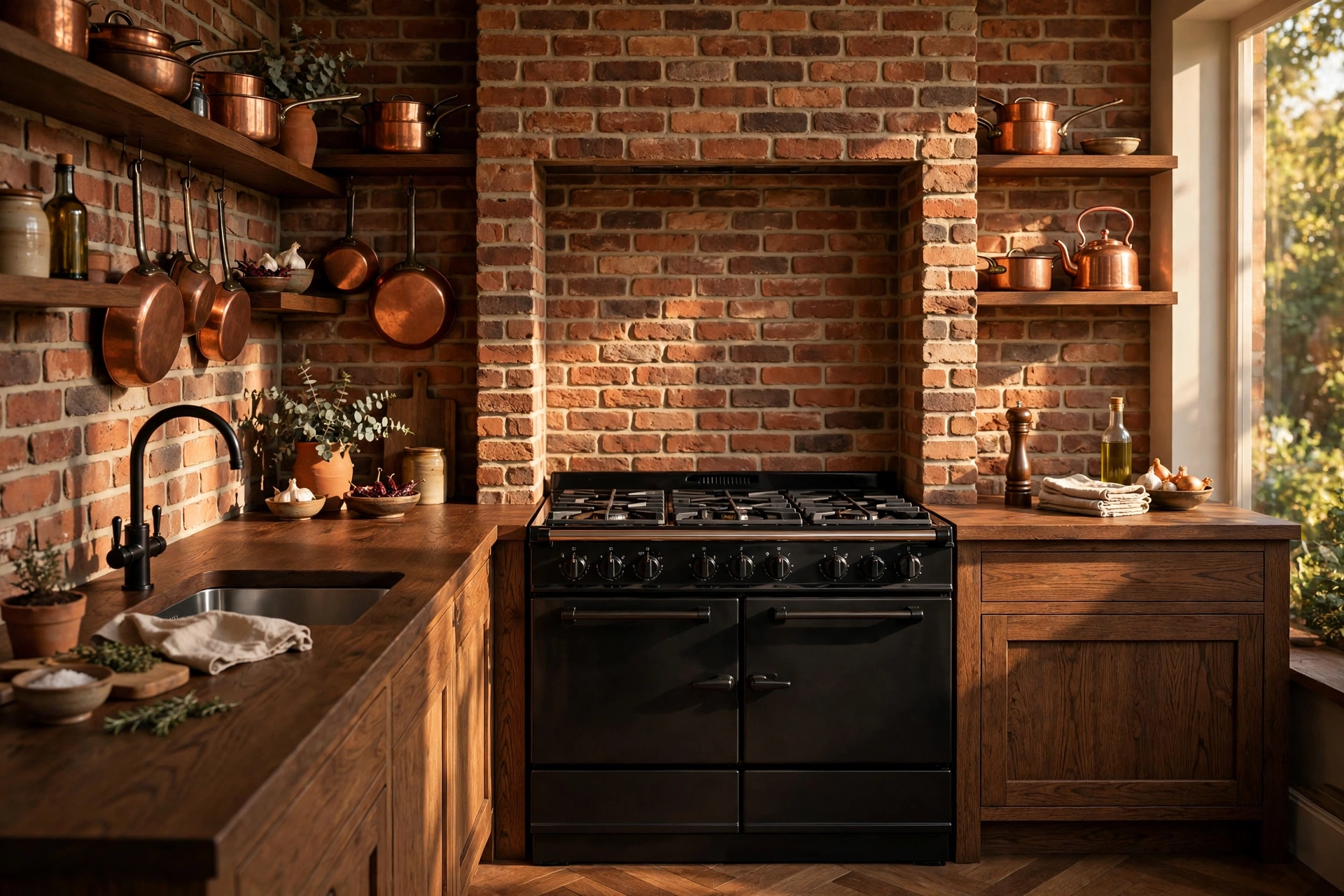Warm bistro-style kitchen with terracotta brick-veneer backsplash behind a black range cooker, dark oak worktop and copper pots