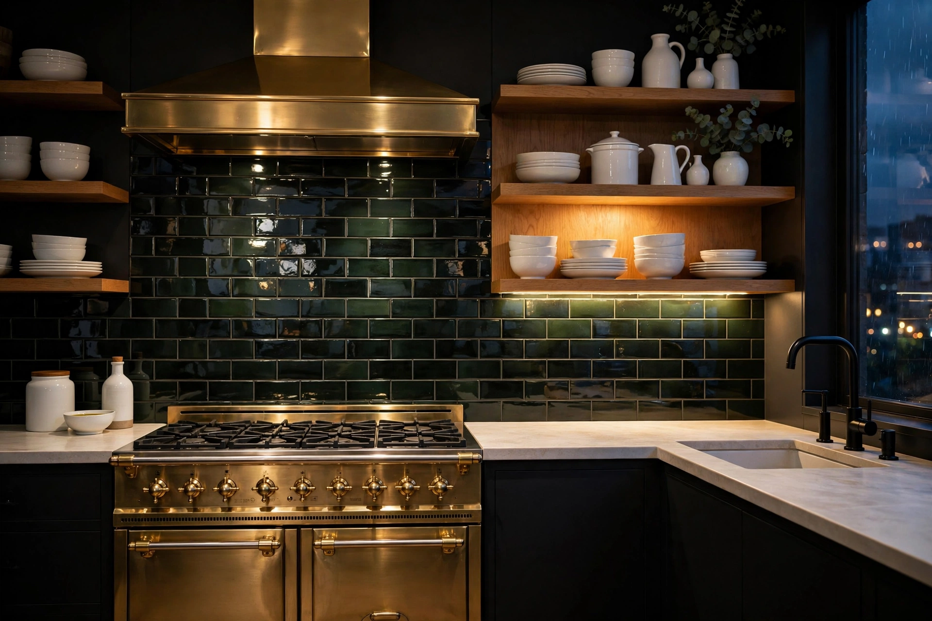 Dramatic kitchen with deep charcoal-green gloss tile backsplash behind a brass range cooker, pale stone worktop and oak open shelving