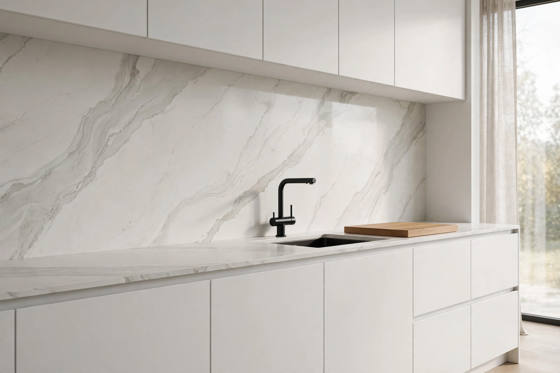 Sleek handleless modern kitchen with seamless large-format porcelain slab backsplash with subtle grey veining and no grout lines