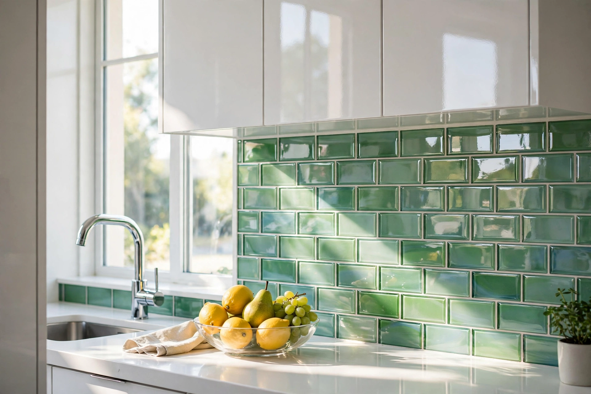 Small bright kitchen with glossy sea-glass green glass subway tile backsplash reflecting daylight, white high-gloss cabinets