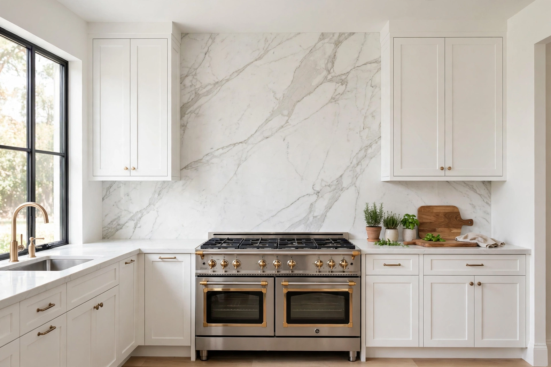 Bright white kitchen with full-height marble-look porcelain slab backsplash behind a brass-trimmed range cooker, shaker cabinets and natural daylight