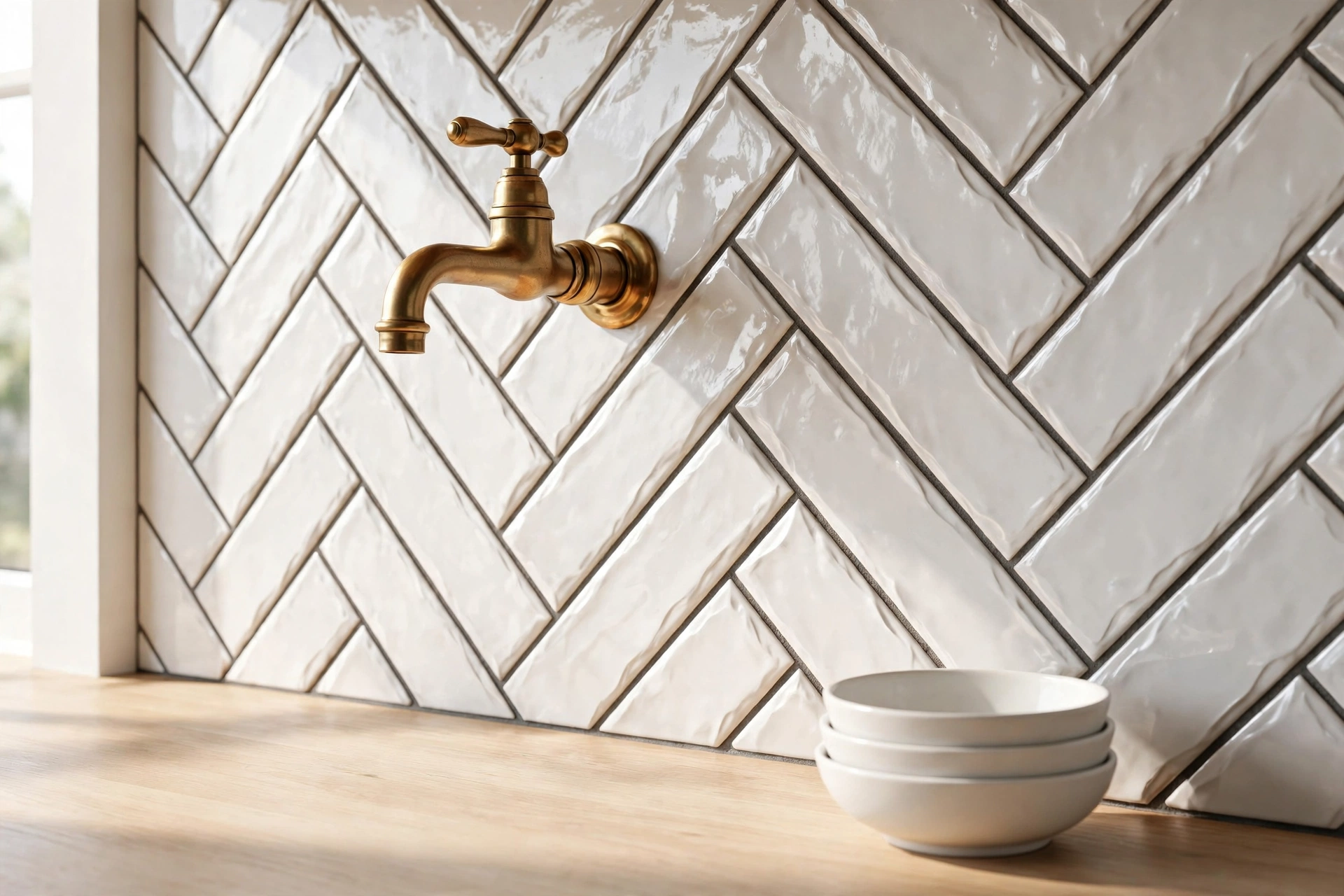 White ceramic subway tile backsplash laid in a 45-degree herringbone pattern with dark grey grout and a brass wall-mounted tap