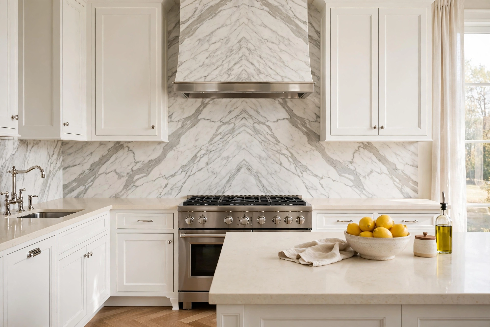 Luxurious kitchen with large-format marble-look porcelain backsplash with soft grey Carrara-style veining bookmatched across the range wall