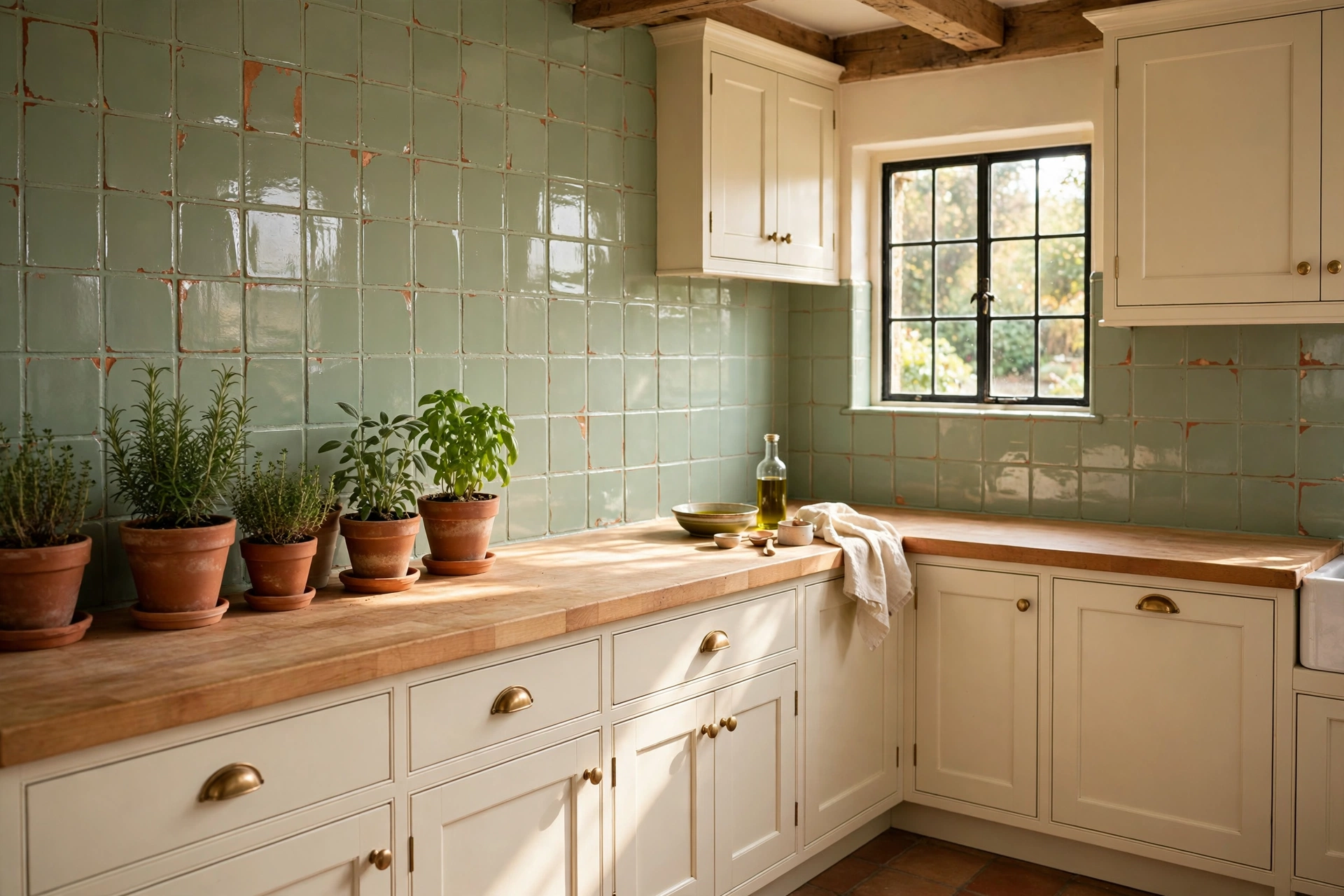 Cottage kitchen with dated tiles painted in soft sage green with a semi-gloss finish above a butcher-block worktop and potted herbs