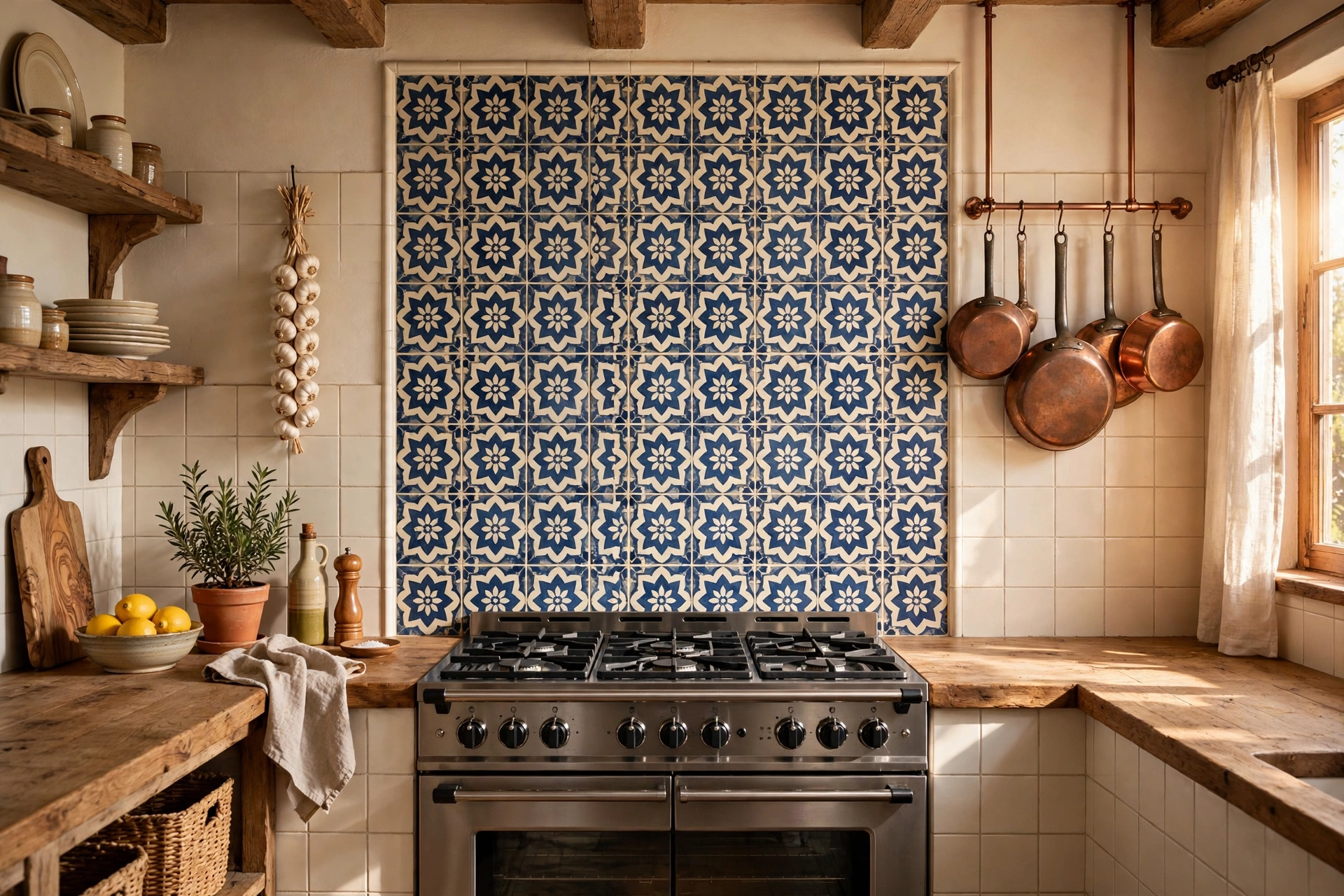 Mediterranean kitchen with indigo blue and cream patterned encaustic-look tile feature panel behind the range cooker