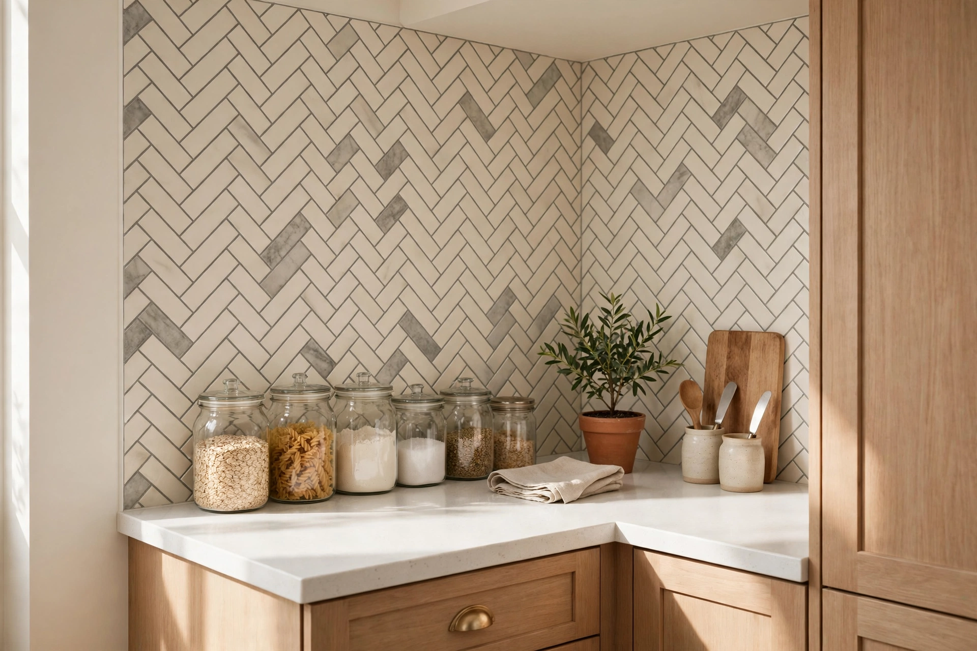 Cosy rented kitchen with herringbone-pattern peel-and-stick backsplash in cream and grey tones above a styled white worktop