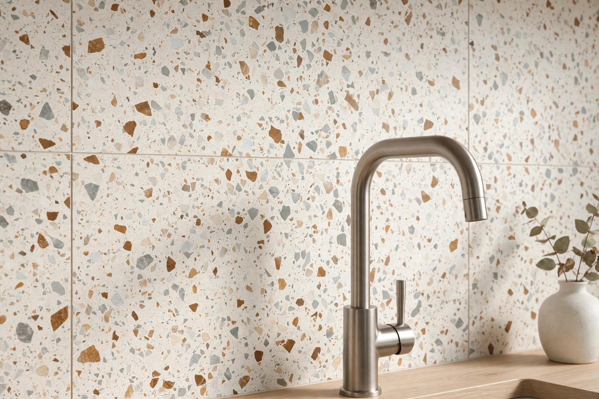 Close view of a terrazzo-look porcelain tile kitchen backsplash with caramel and grey stone chips in warm white, minimal grout lines