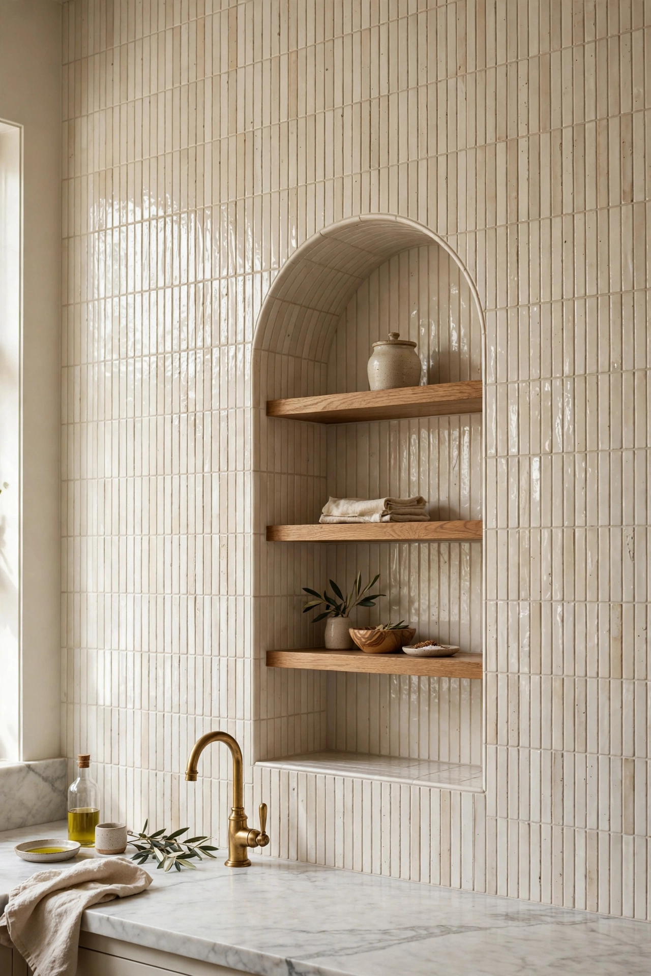 Elegant kitchen wall with slim handmade-look ivory tiles in a vertical stacked pattern running worktop to ceiling beside an arched alcove
