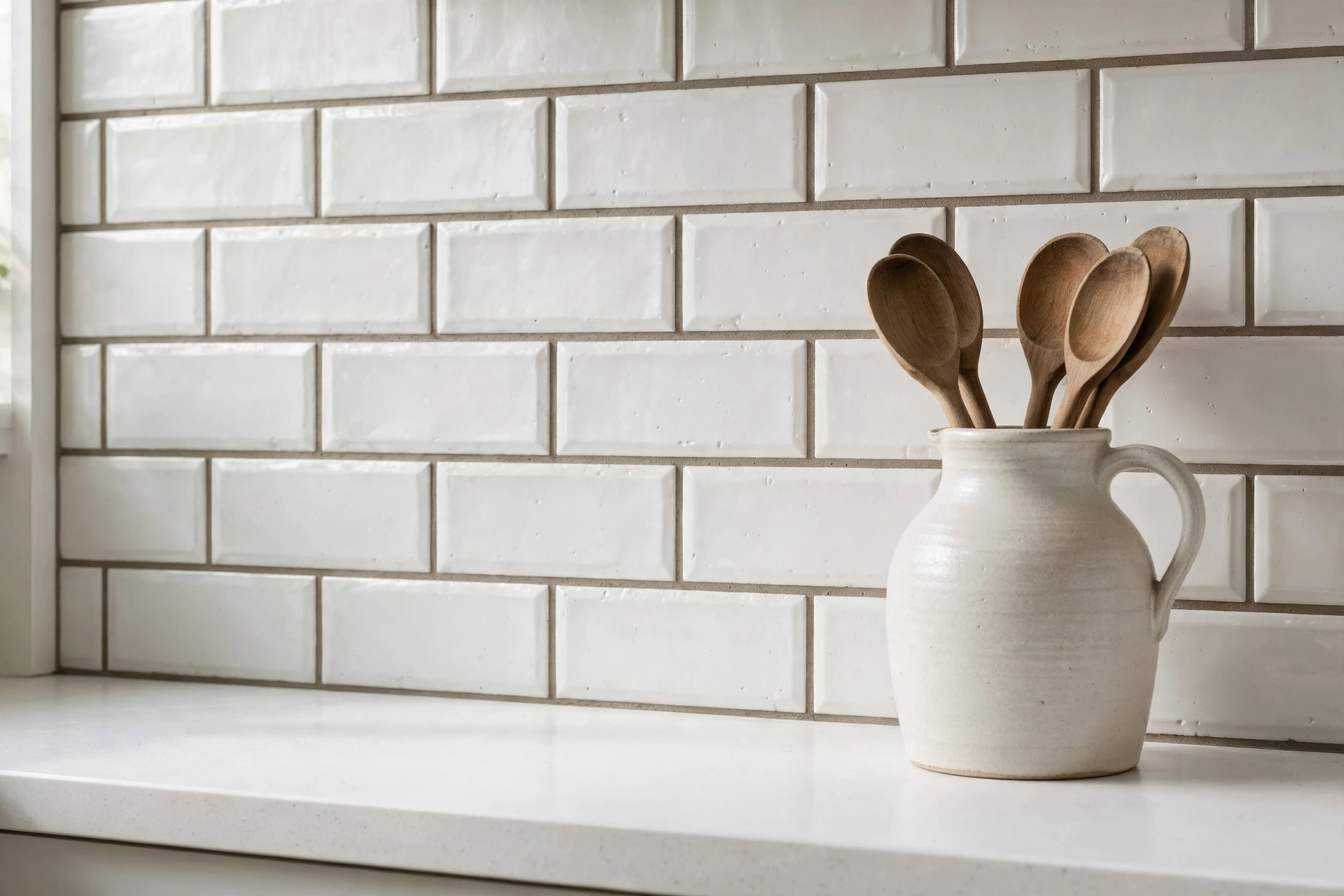 Classic white subway tile kitchen backsplash with warm grey grout, elongated tiles in offset pattern above a white worktop