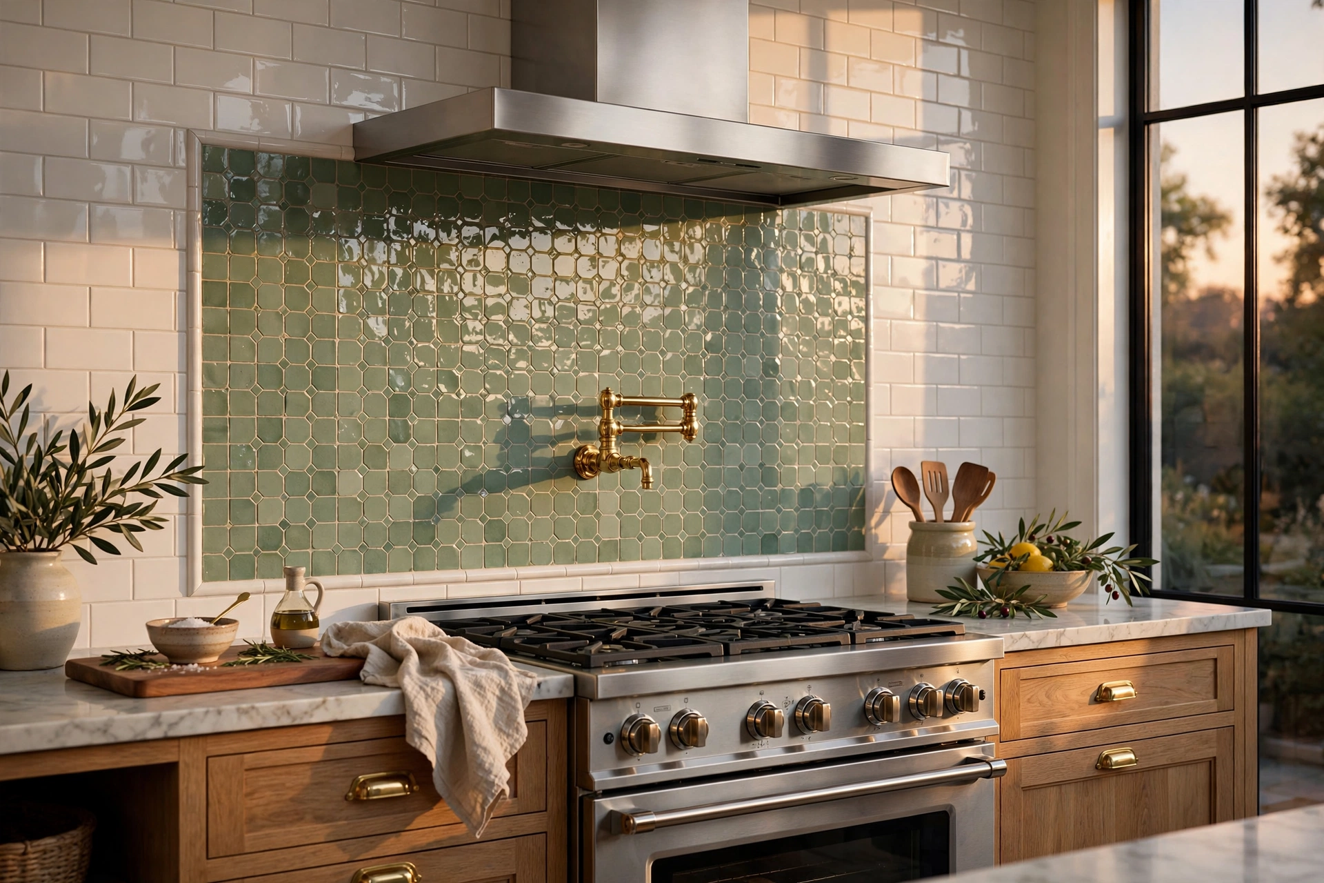 Sage green handmade-look glazed tile feature panel behind a stainless steel range cooker with brass pot filler tap and white subway tile surround