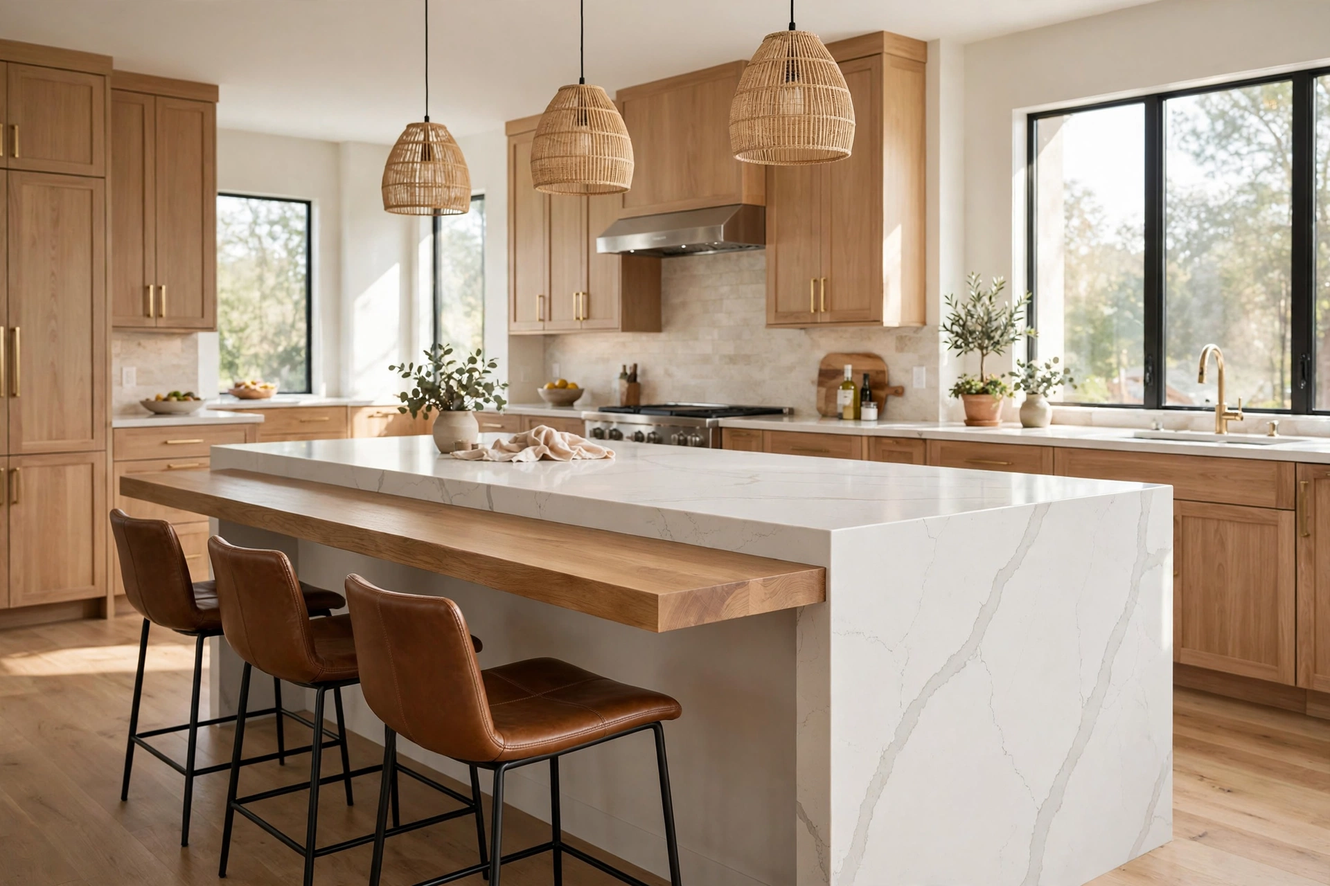 Waterfall-edge kitchen island with extended countertop overhang and three backless leather bar stools tucked underneath