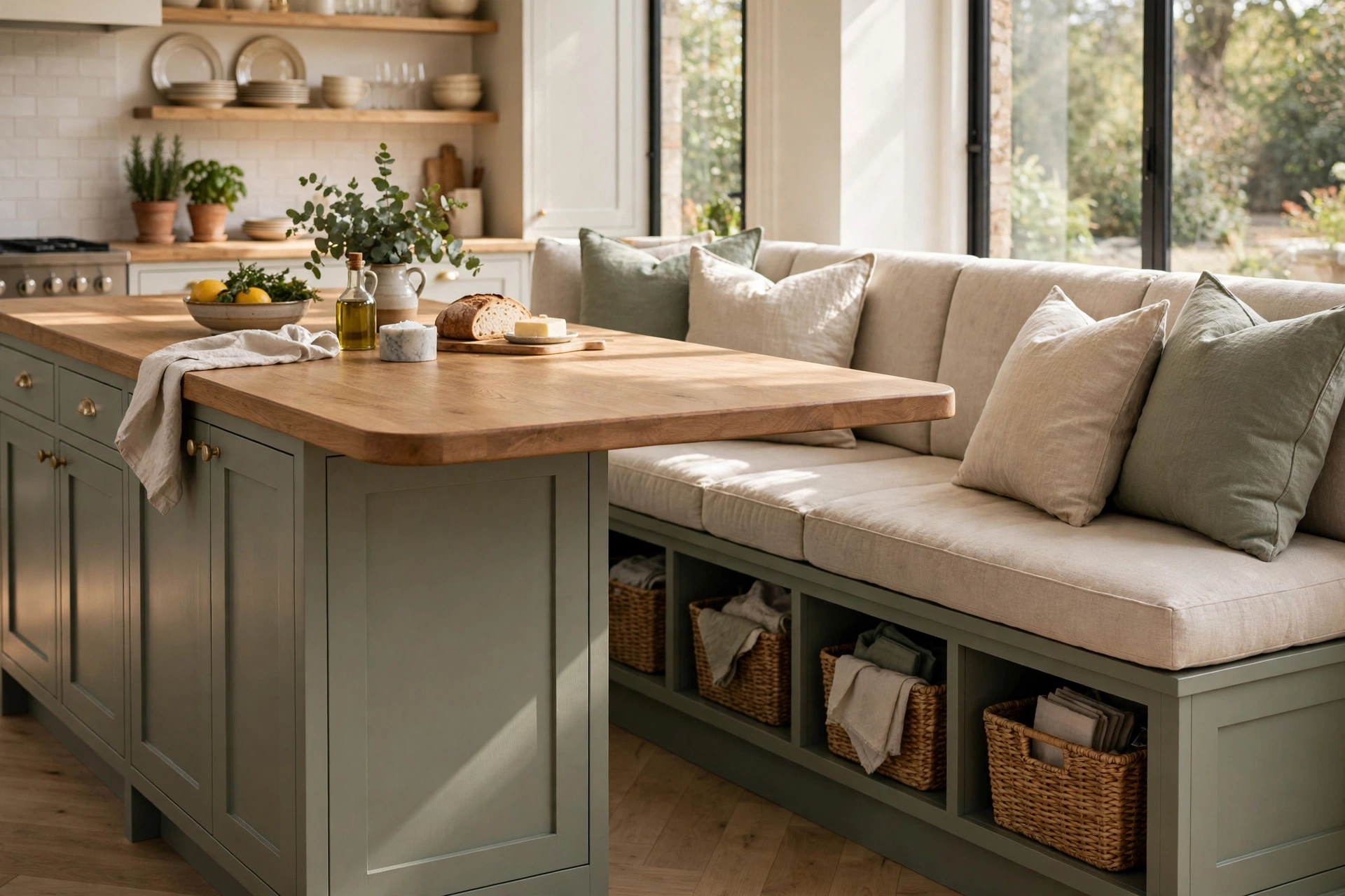 Kitchen island with built-in upholstered banquette bench and woven basket storage cubbies underneath