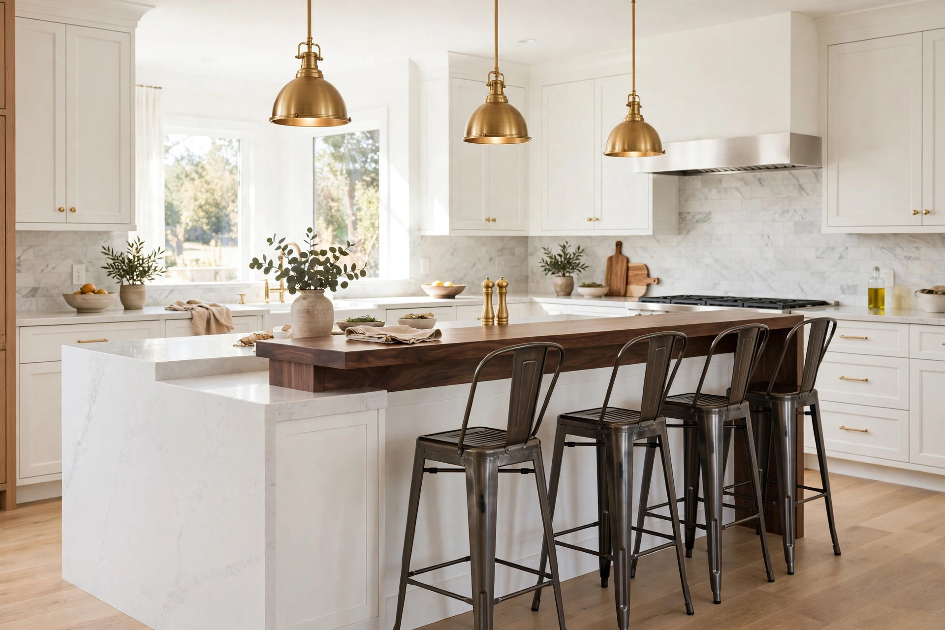 Double-tiered kitchen island with lower quartz work counter and raised walnut bar with tall metal stools