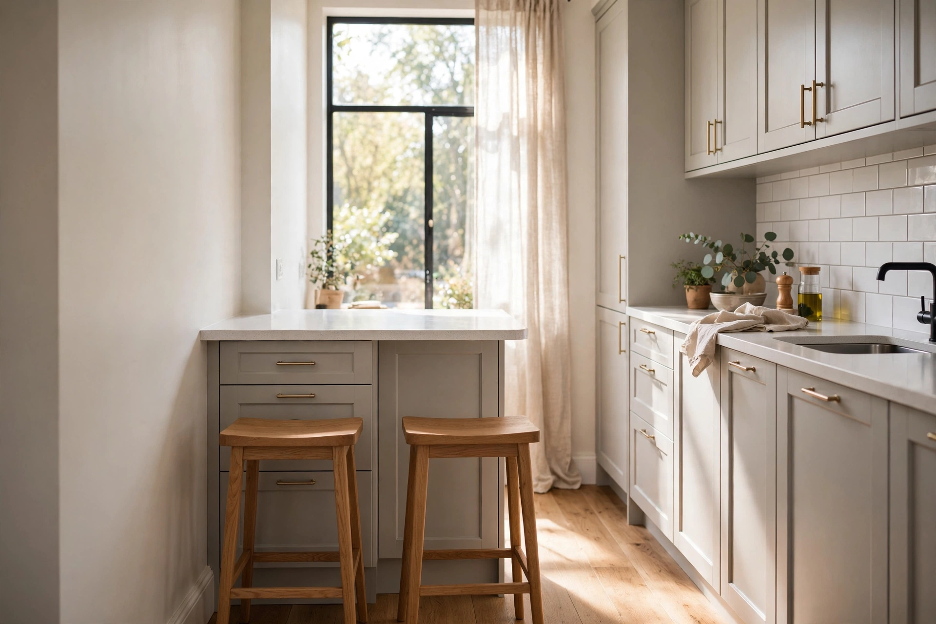 Small grey shaker kitchen island with drawers, quartz top and two backless wooden counter stools