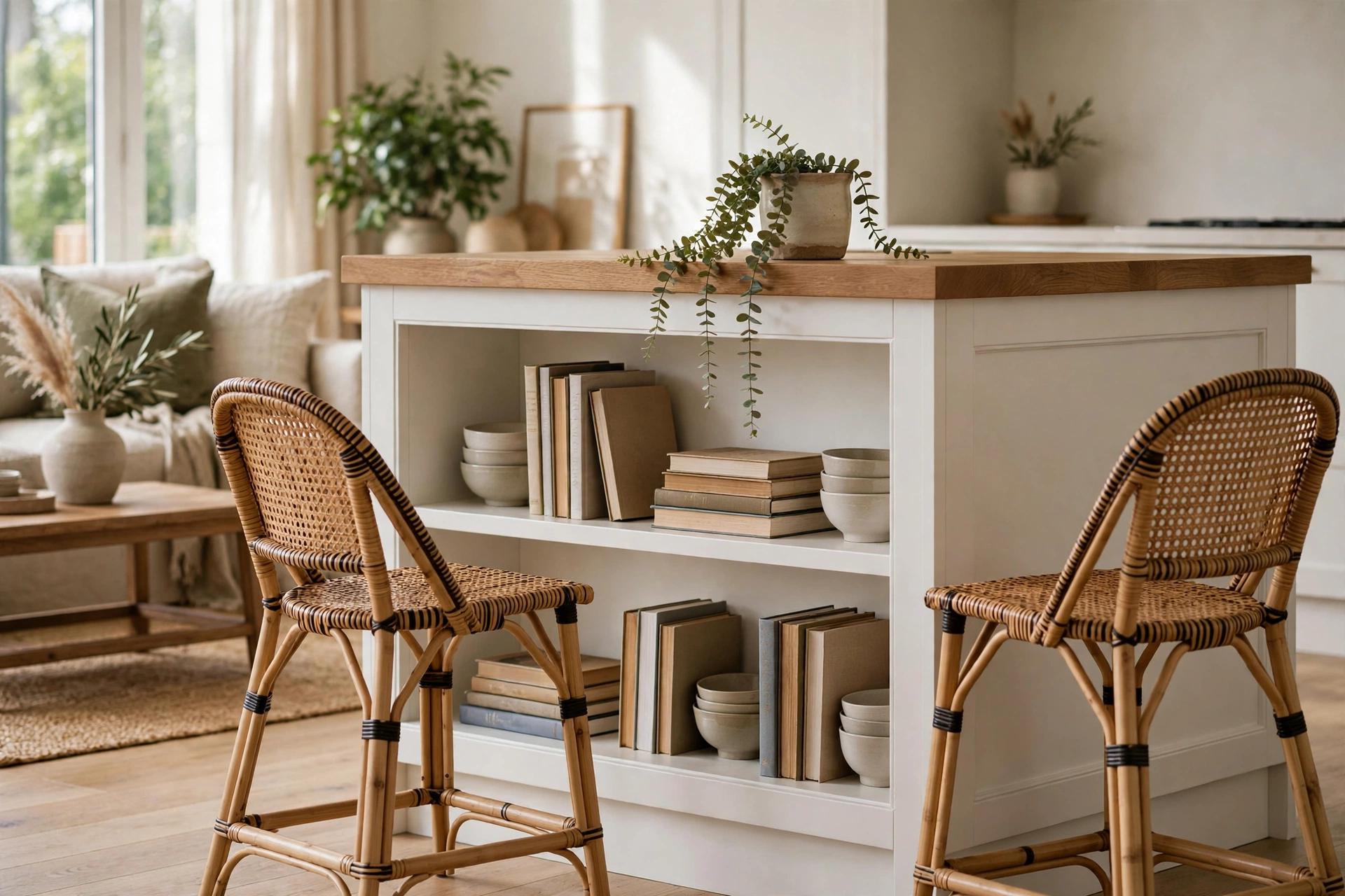 Kitchen island with open shelving on the back side styled with cookbooks, ceramics and a plant