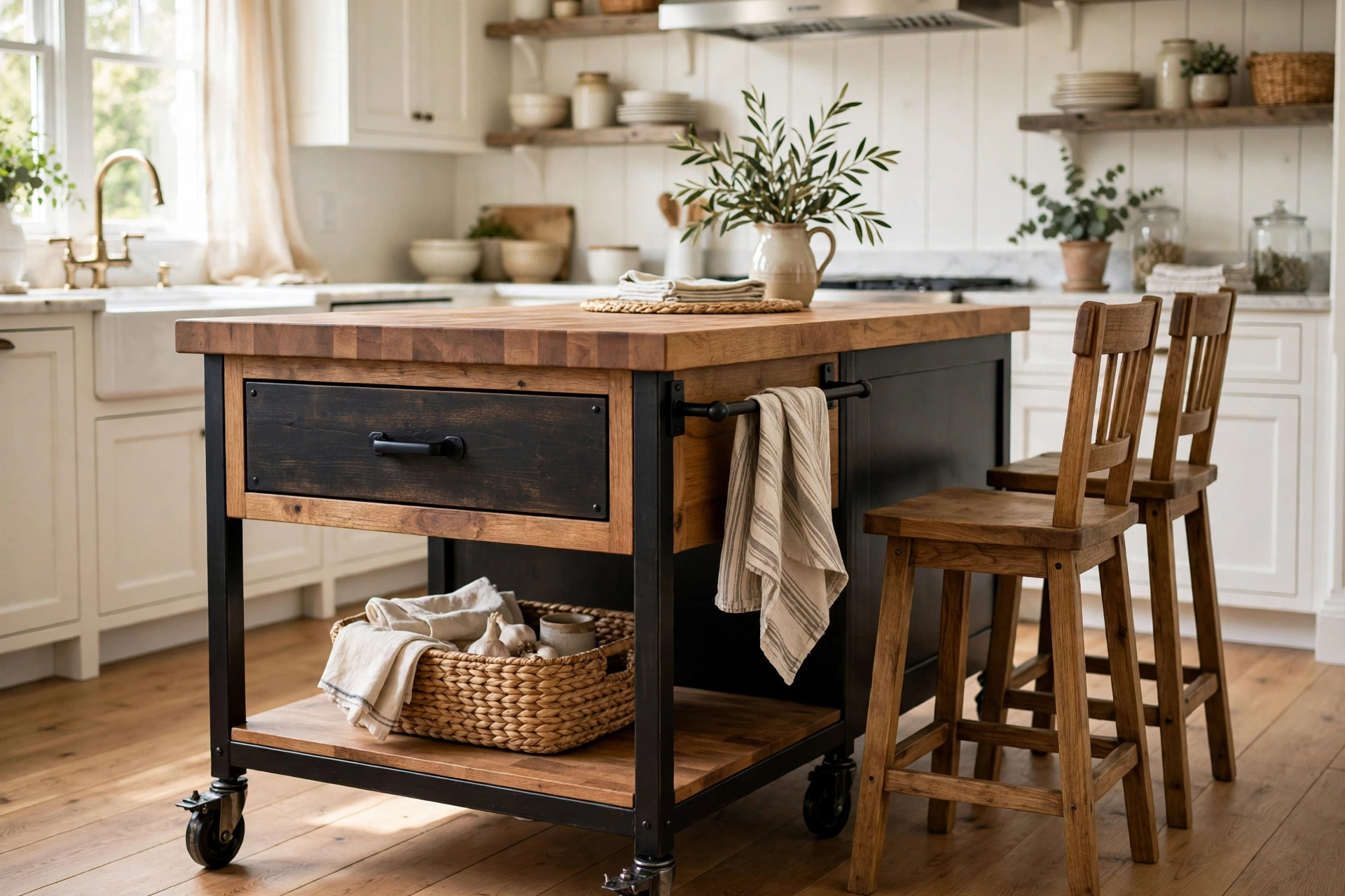 Freestanding rolling kitchen island on casters with butcher-block top, deep drawer and wooden stools