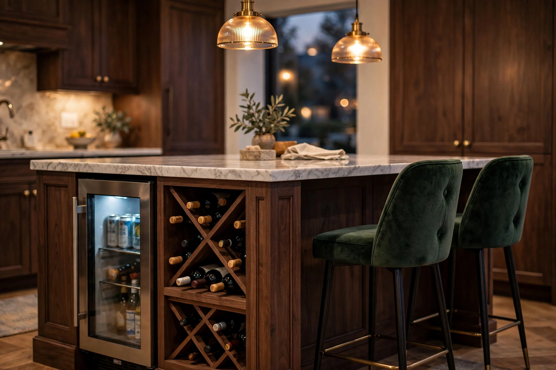 Kitchen island with built-in wine rack and beverage fridge, marble top and velvet bar stools