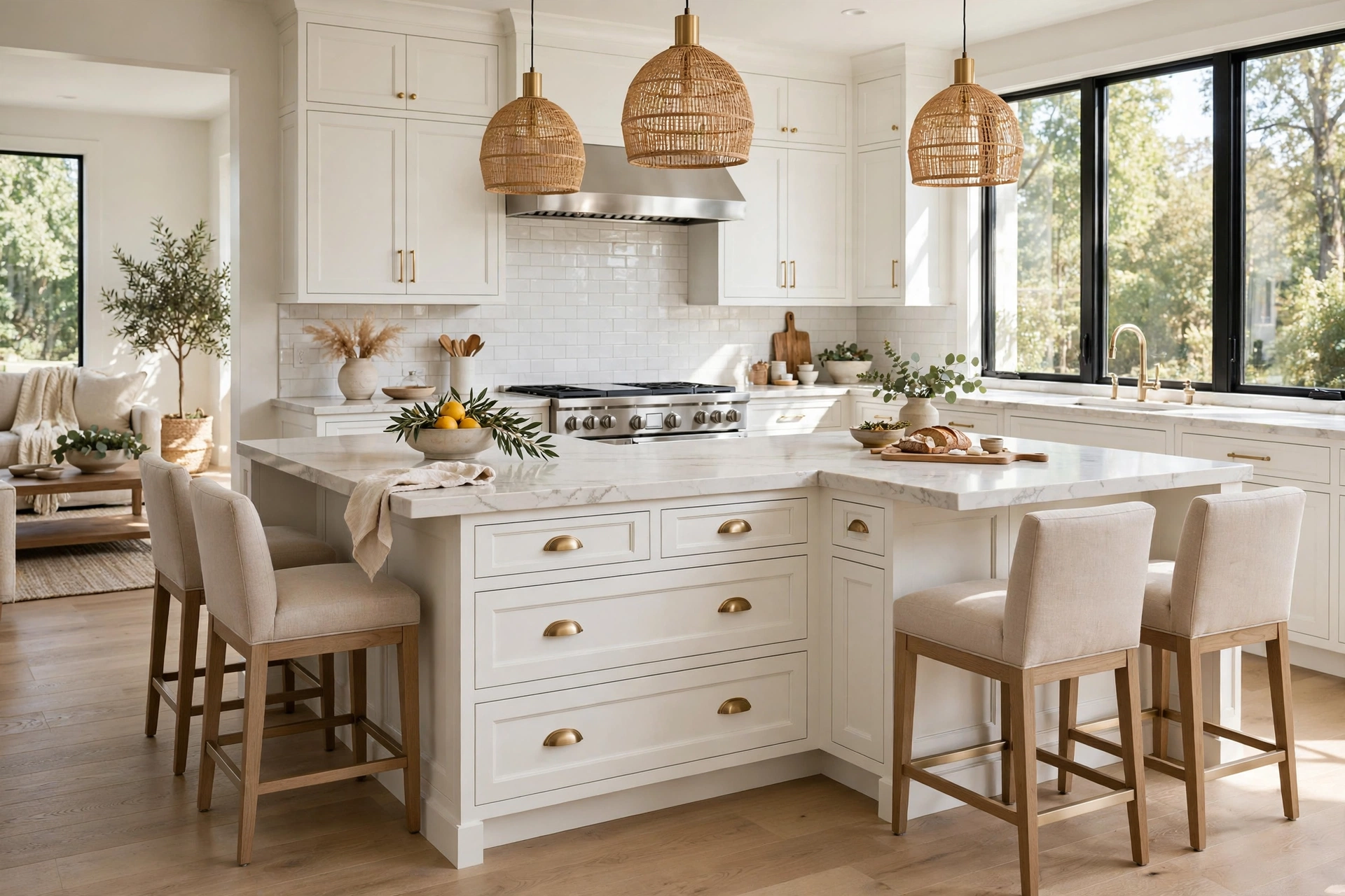 L-shaped kitchen island with seating on two sides, white shaker drawers and upholstered counter stools