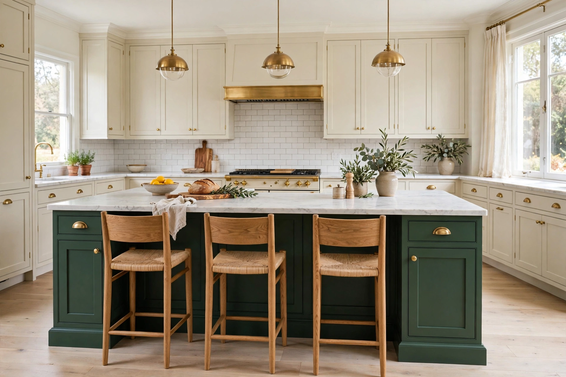 Forest green painted statement kitchen island with marble countertop, brass hardware and oak bar stools