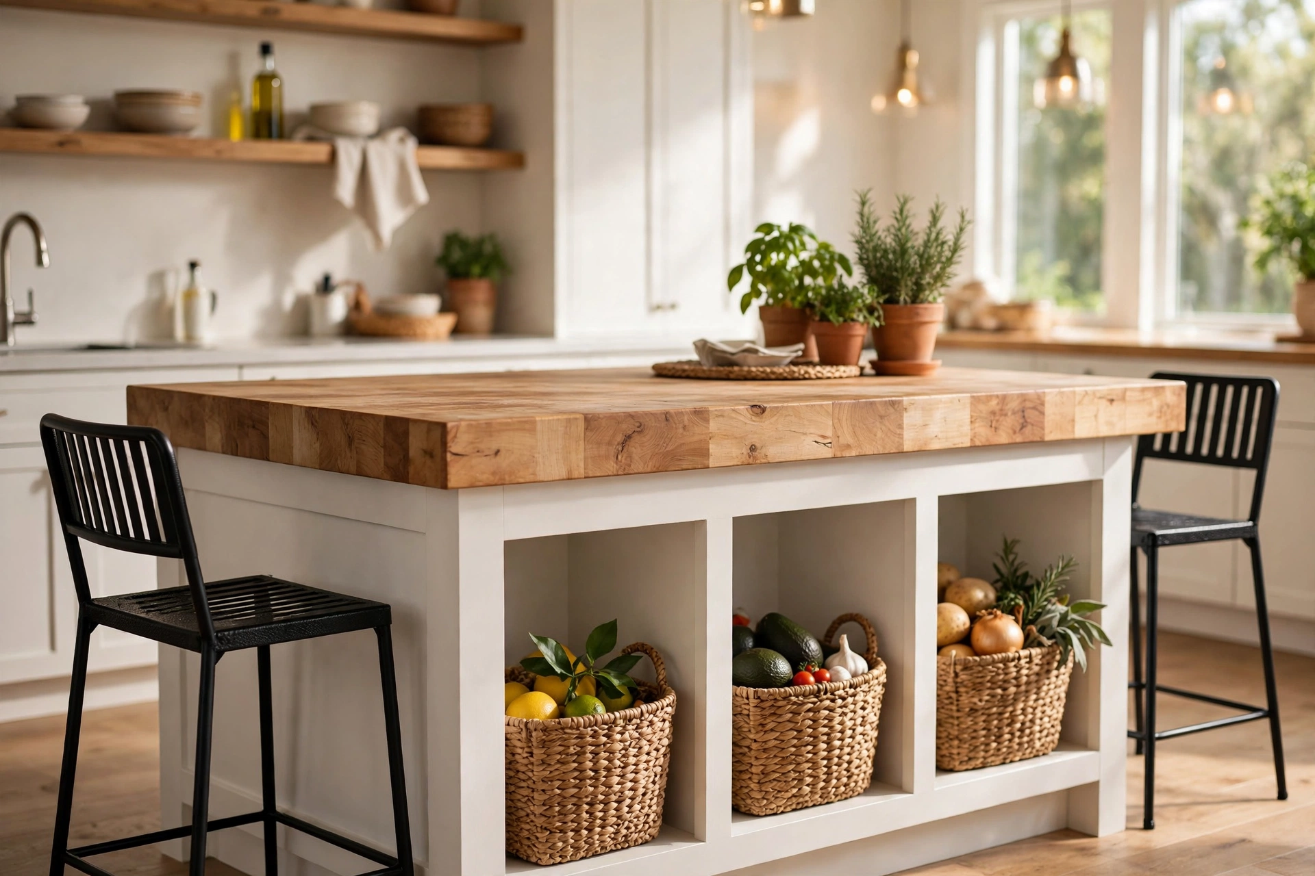 Kitchen island with thick butcher-block top and open cubbies holding woven seagrass baskets