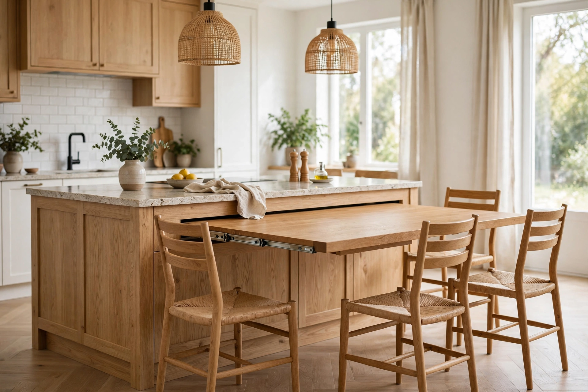 Kitchen island with built-in pull-out table extension and wooden dining chairs in a bright kitchen